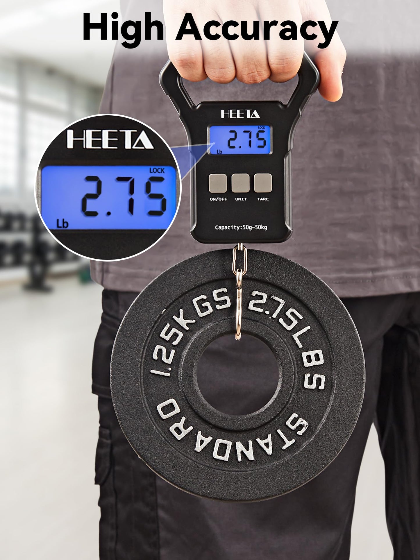 HEETA Fish Scale, 110lb/50kg Digital Portable Hanging Fishing Weight Scale with Backlit LCD Display, Luggage Scale with Non-Slip Large ABS Handle & 2 AAA Batteries, Fishing Gifts Gear for Men, Black