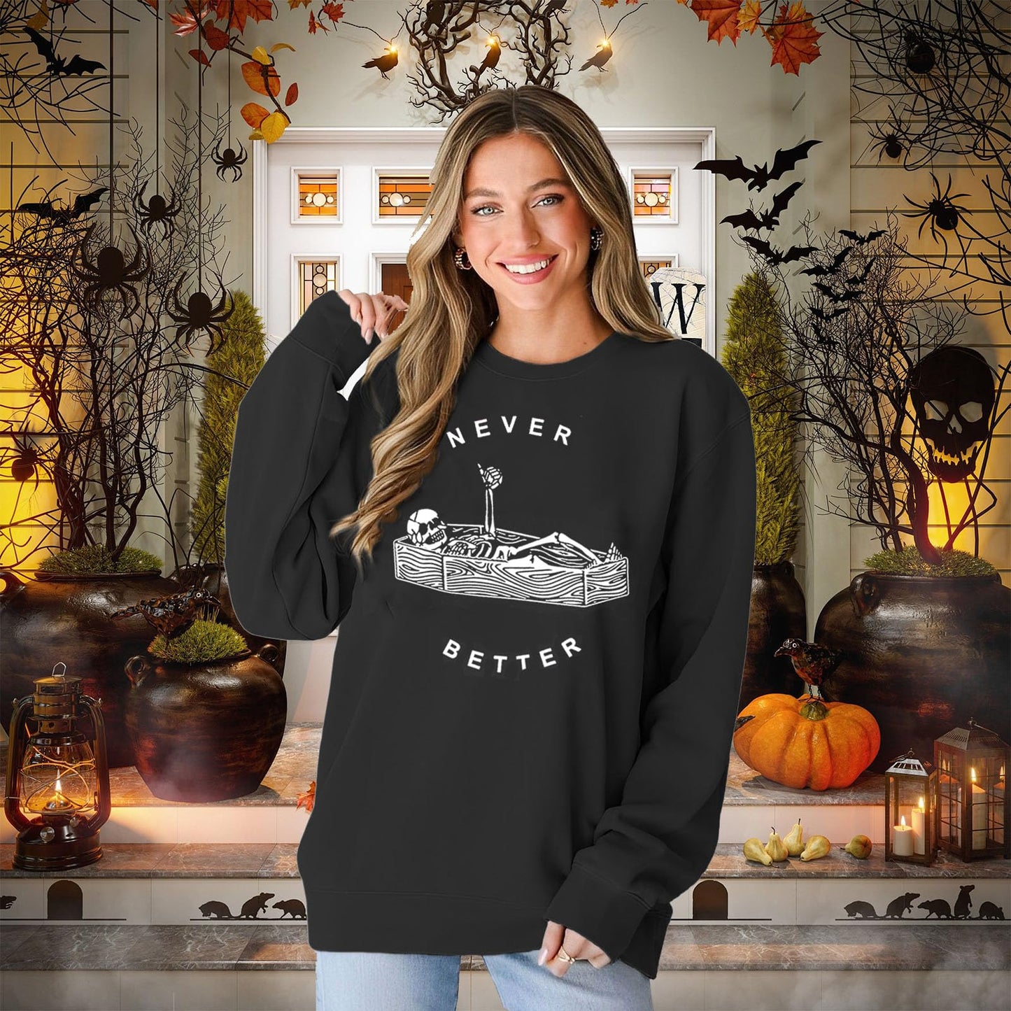 BOUTIKOME Never Better Skeleton Sweatshirt Women's Halloween Shirt Horror Skull Fall Long Sleeve Sarcastic Pullover Tops(Black,M)