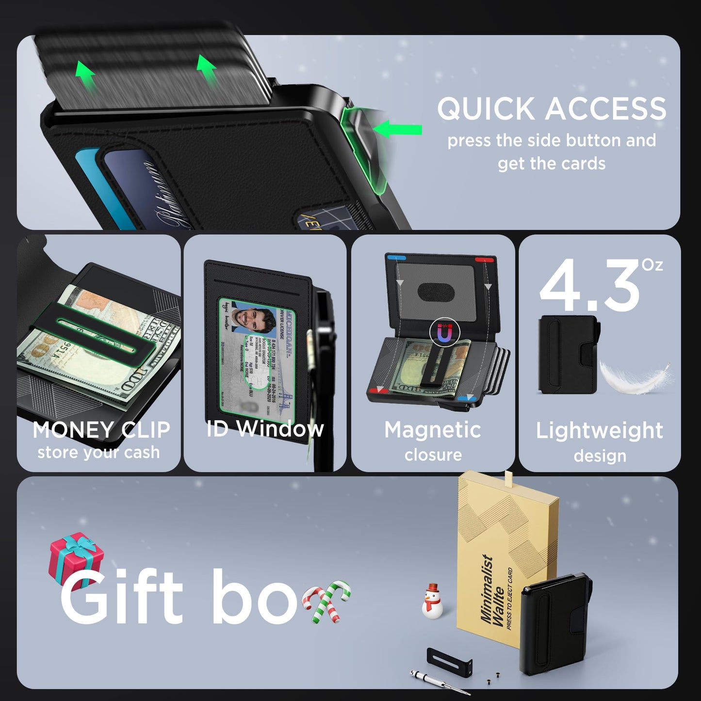 ILAOLIU Wallet for Men - Slim Leather Mens Wallet Pop up Card Holder with Money Clip,Credit Card Slots,ID Window - RFID Blocking Minimalist Wallet (Dark Black)