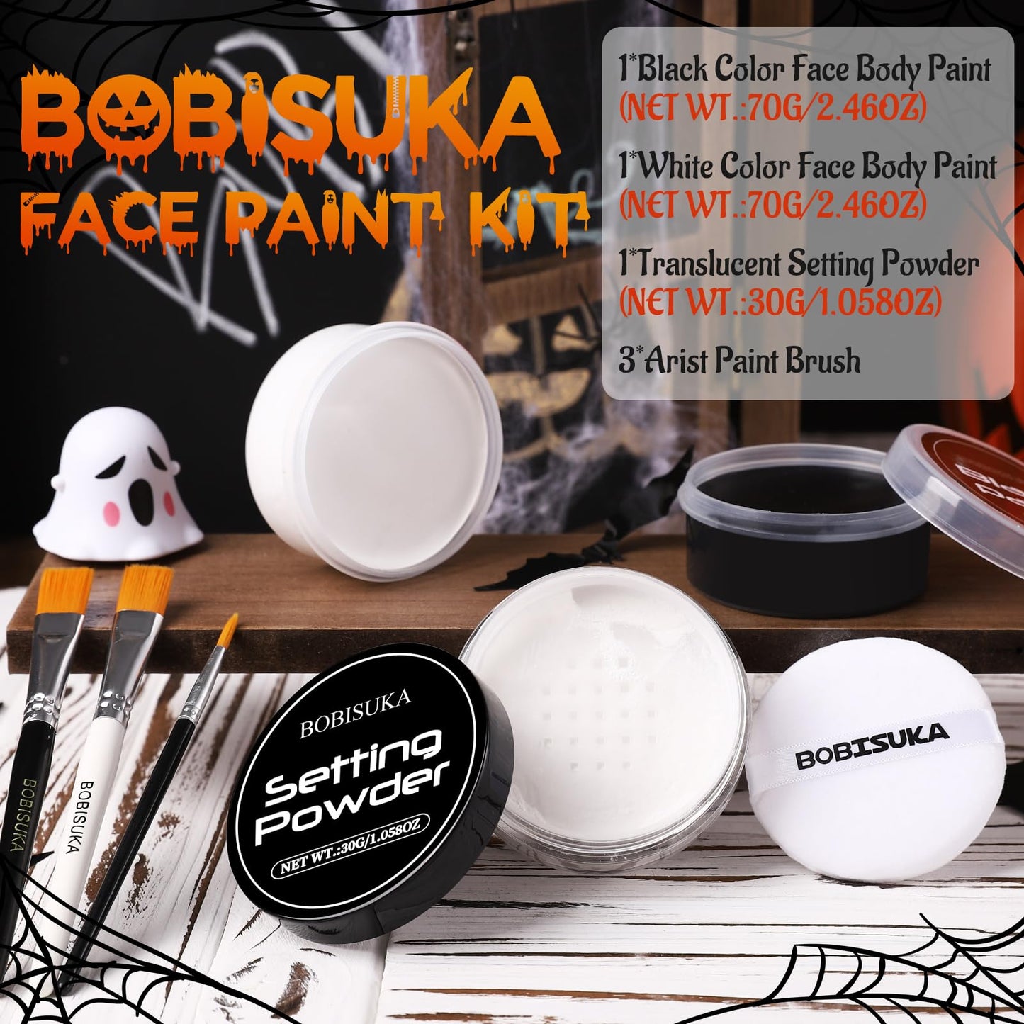 BOBISUKA Black & White Face Body Paint + Setting Powder + 3PCS Artist Brushes Face Painting Kit for Adult Large Capacity Professional Oil Based Cream Paints Palette For Halloween Clown Skeleton Vampir