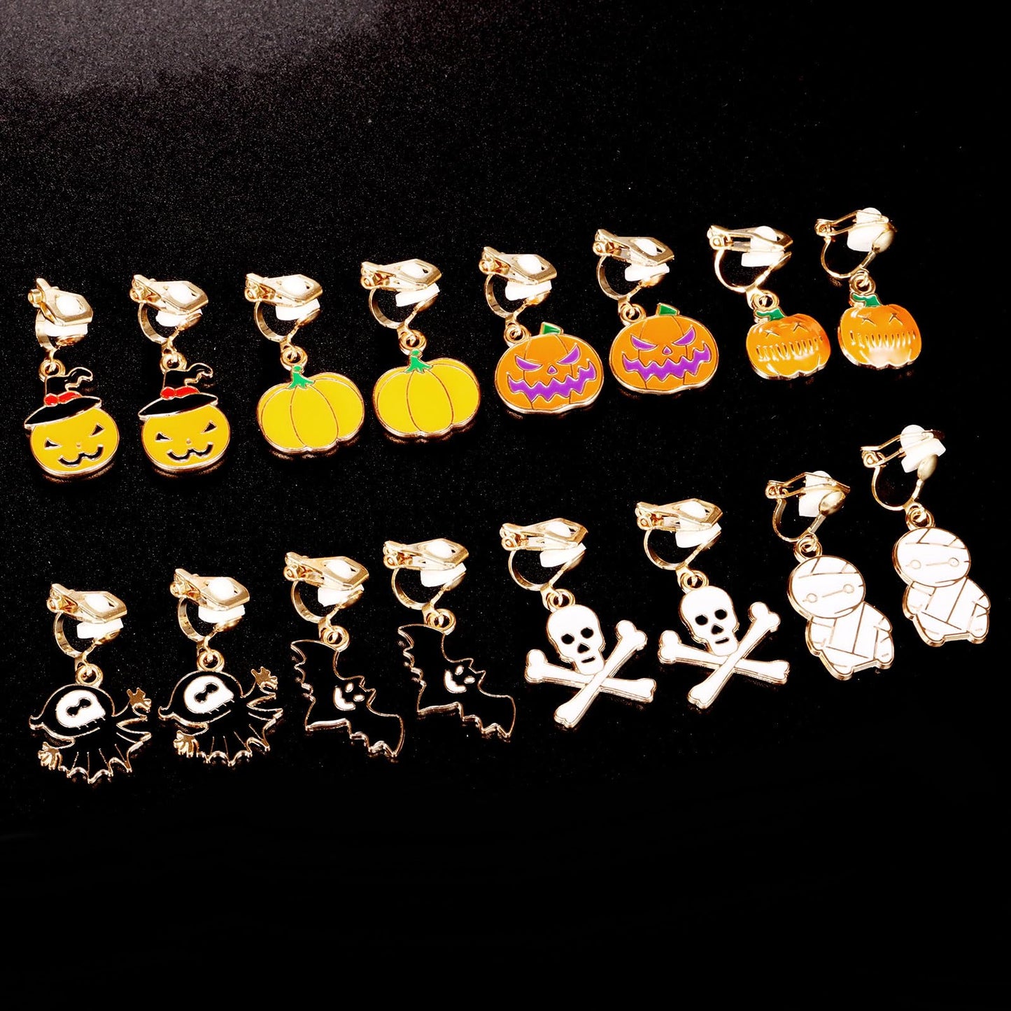 A Halloween Earrings Set of 20 Pairs Clip on Earrings for Without Pierced Ears,Vibrant Themes Like Pumpkin,Magic Broom, Fifty Hats, Crow, Bat, Black Cat