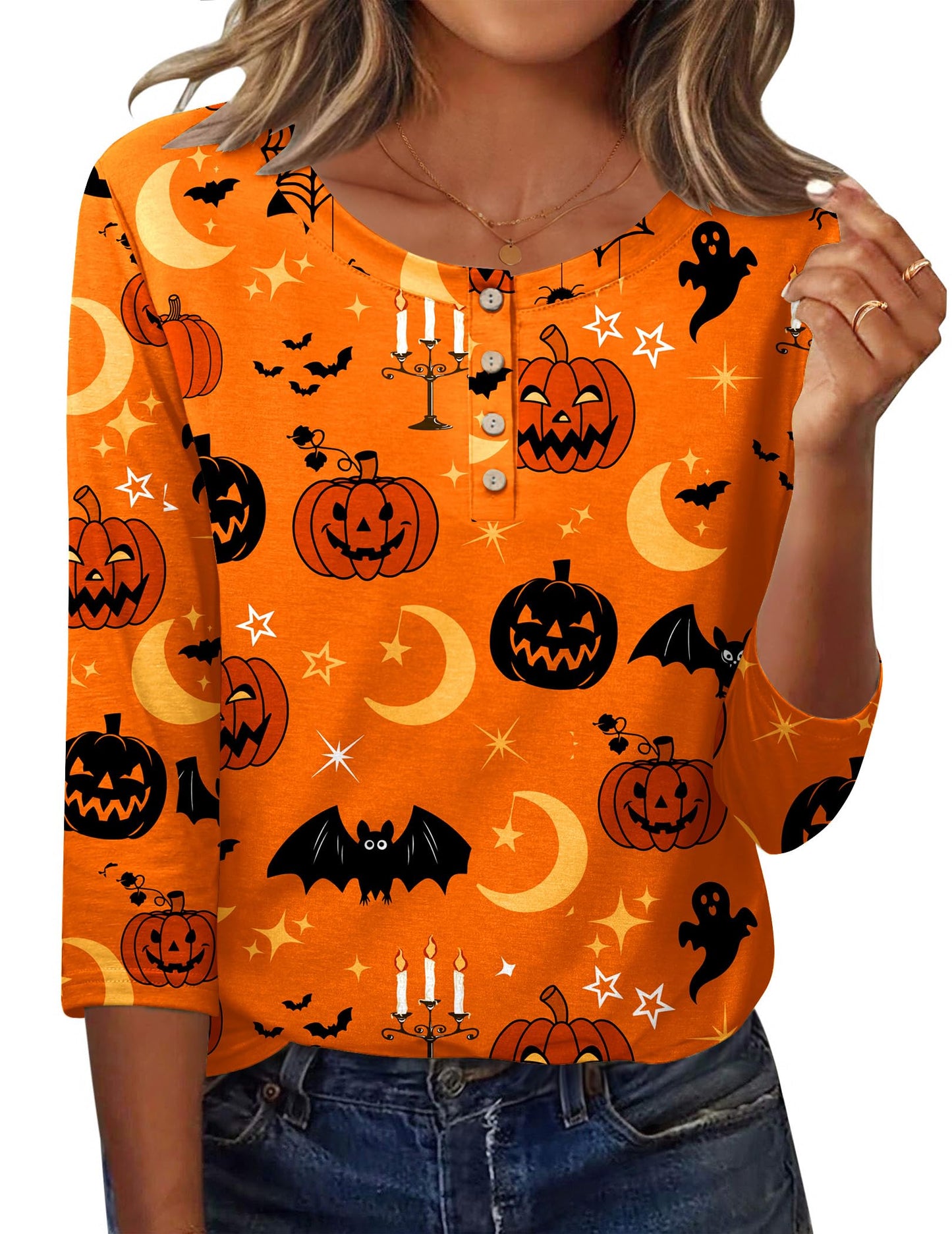 Zeagoo Orange 3/4 Sleeve Halloween Shirts for Women Crew Neck Dressy Casual Tunic Tops Fall Button Up Blouses 2025