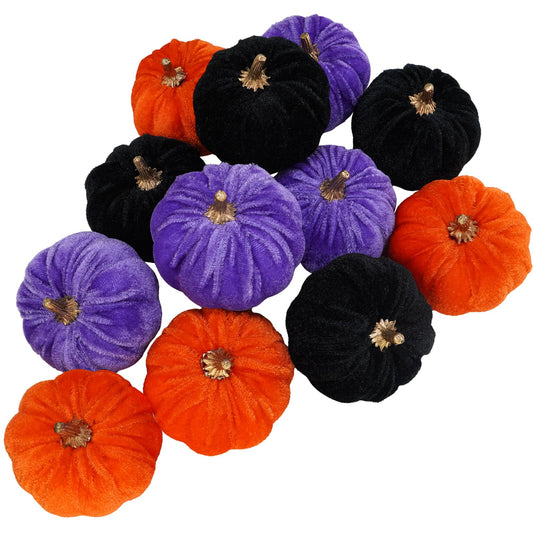 Winlyn 12 Pcs Assorted Small Faux Halloween Velvet Pumpkins Decorative Orange Purple Black Fabric Foam Pumpkins 3" for Fall Wedding Halloween Table Centerpiece Mantel Bowl Décor