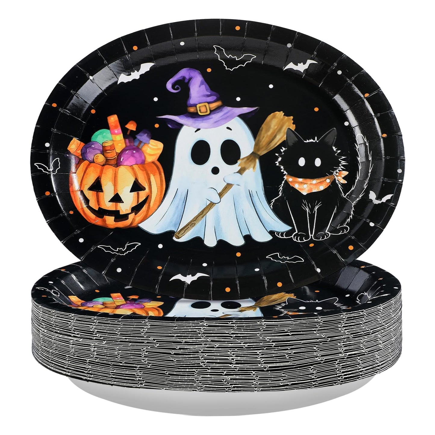 50Pcs Halloween Oval Paper Plates 10" x 12" Large Disposable Heavy Duty Cute Pumpkin Ghost Black Cat Paper Platters Jack-O-Lantern Dessert Plates for Halloween Birthday Holiday Party Supplies