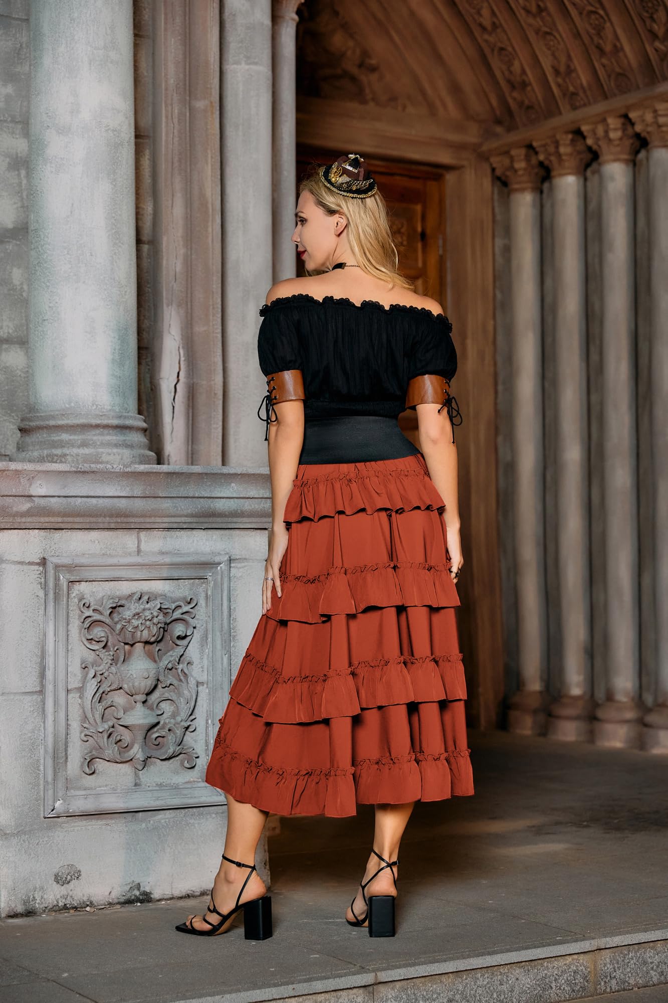 Women Victorian Steampunk Skirts High Low Skirt Renaissance Style Halloween Skirt Orange L