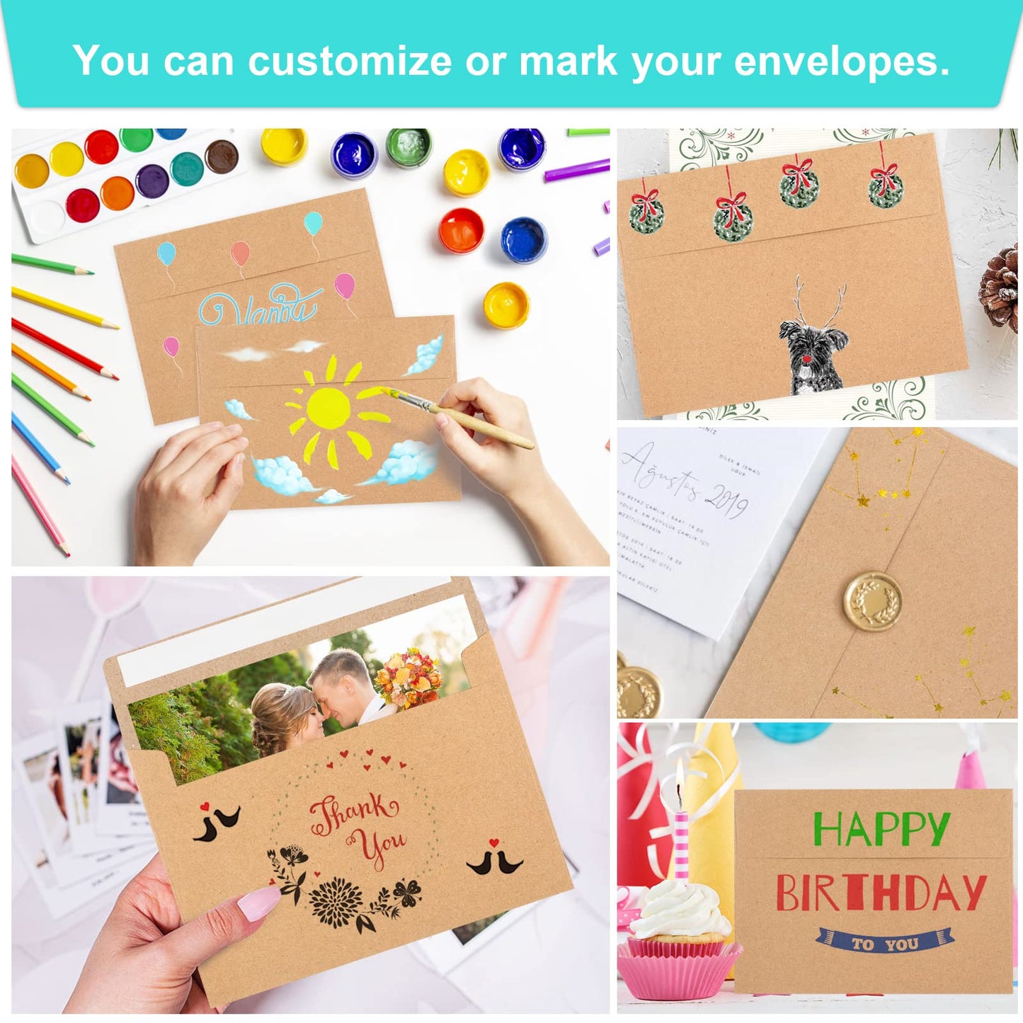 50 Pack Brown Kraft Envelopes, 5x7 Envelopes for Invitations, A7 Invitation Envelopes for Personalize Gift Cards, Wedding, Baby Shower, Birthday Party