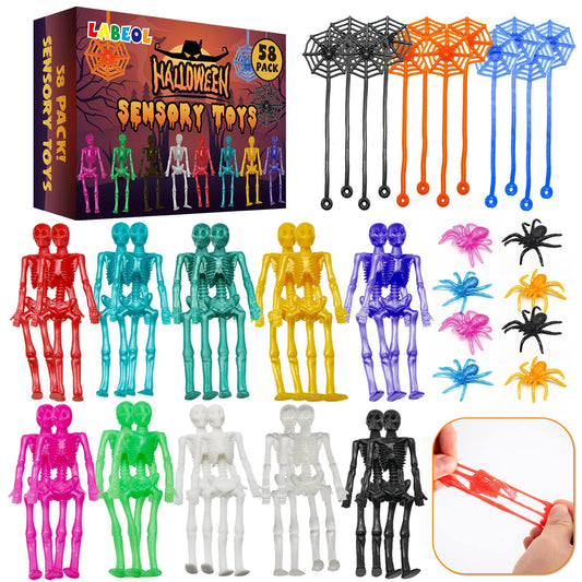 58PCS Halloween Party Favors Stretchy Toys Halloween Treats Skeleton Spider Spiderweb for Kids Boys Girls Assorted Color Squishy Toys for Happy Halloween Goody Bag Fillers Treats Non Candy Gifts