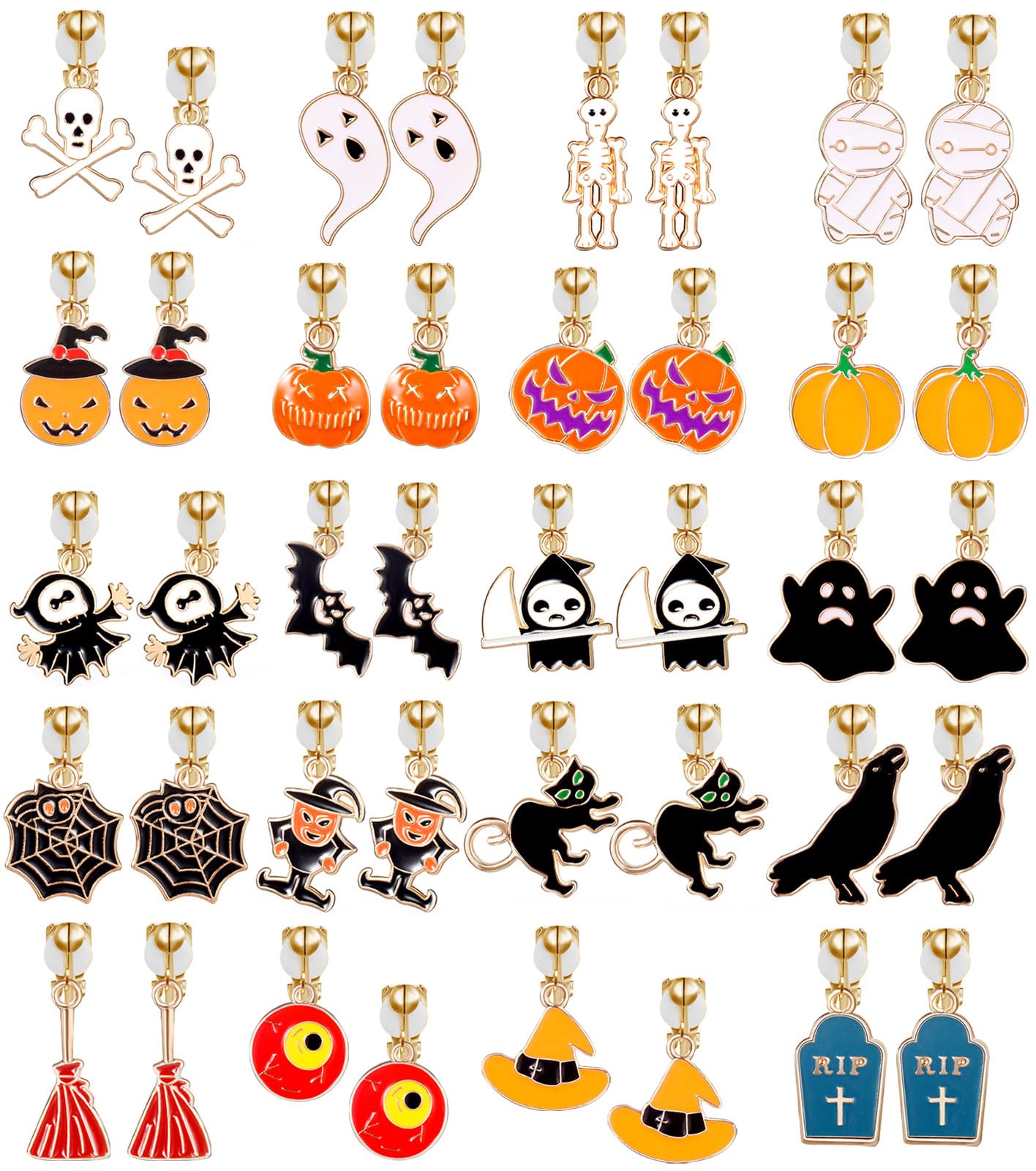 A Halloween Earrings Set of 20 Pairs Clip on Earrings for Without Pierced Ears,Vibrant Themes Like Pumpkin,Magic Broom, Fifty Hats, Crow, Bat, Black Cat