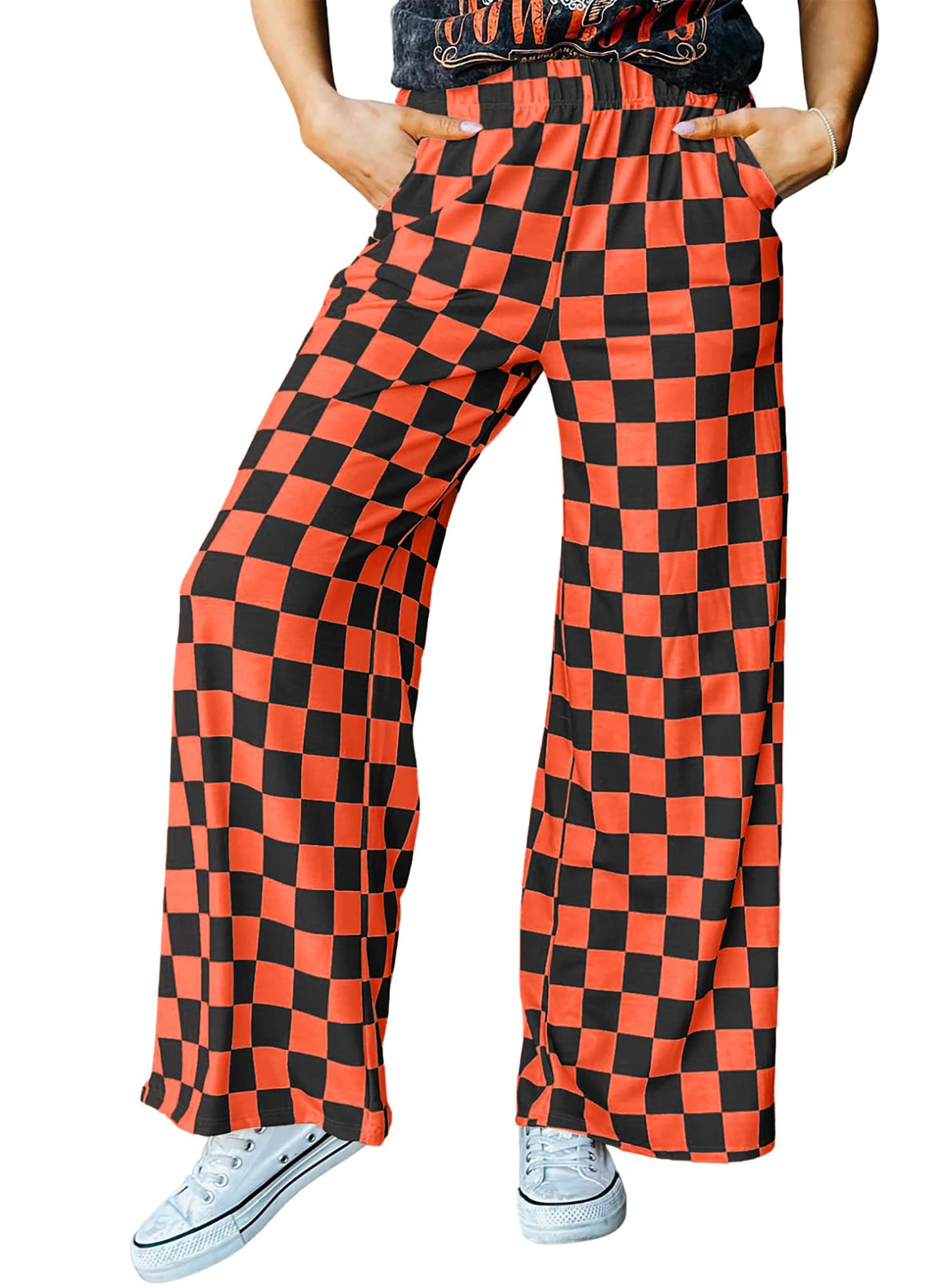 Women's Halloween Wide Leg Pants Checkered Casual Loose High Waist Loungewear Y2K Teen Gingham Sweatpants Summer Black Orange Plaid, L