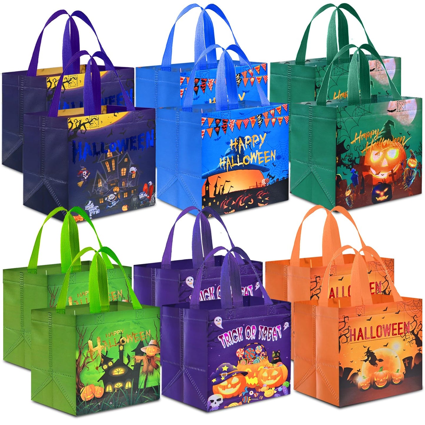 AhfuLife 12 Pcs Halloween Trick or Treat Bags, Candy Tote Bags with Handles, Reusable Non-Woven Gift Bag for Halloween Party Supplies Favors (7.8×7.8×5.9’’)
