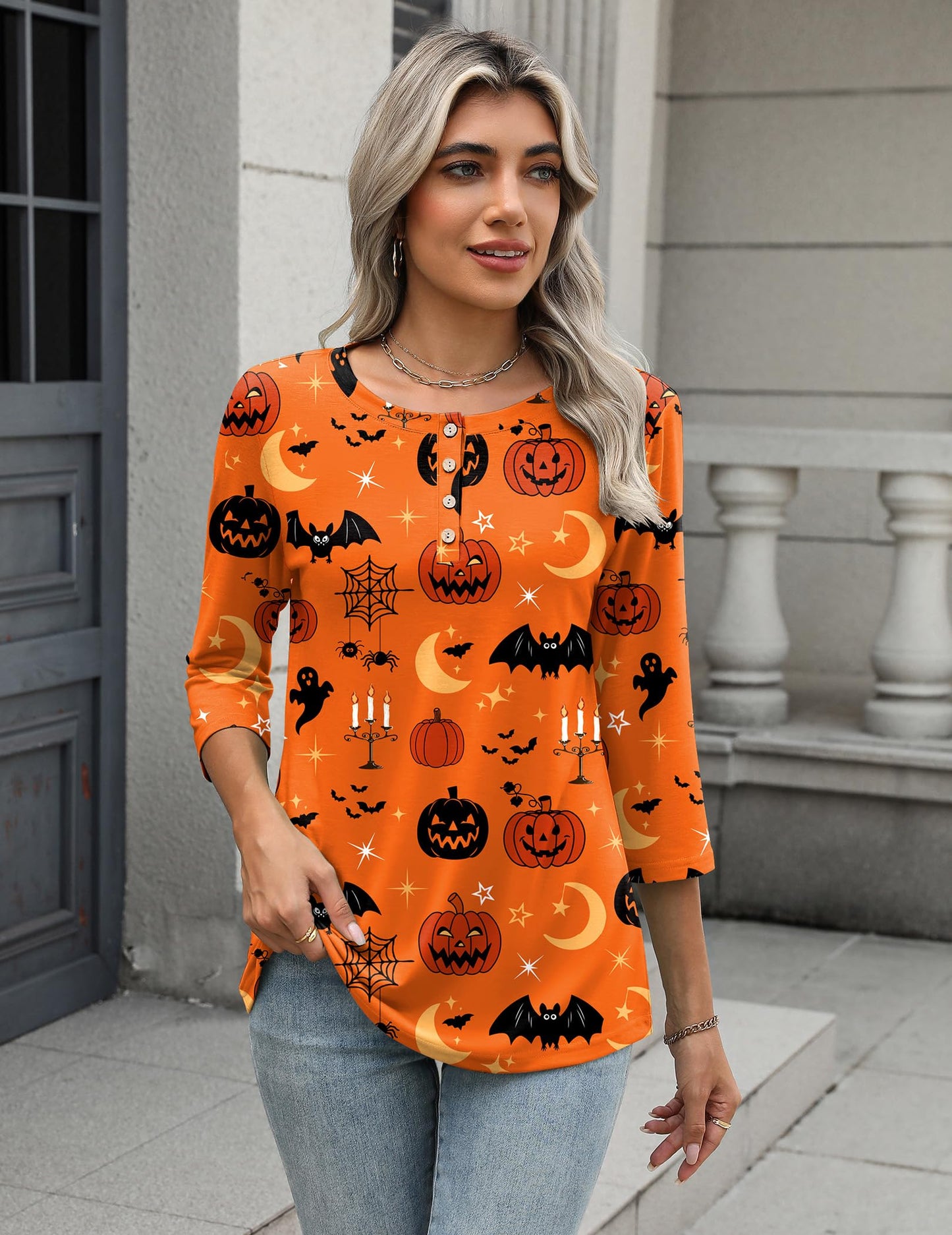 Zeagoo Orange 3/4 Sleeve Halloween Shirts for Women Crew Neck Dressy Casual Tunic Tops Fall Button Up Blouses 2025