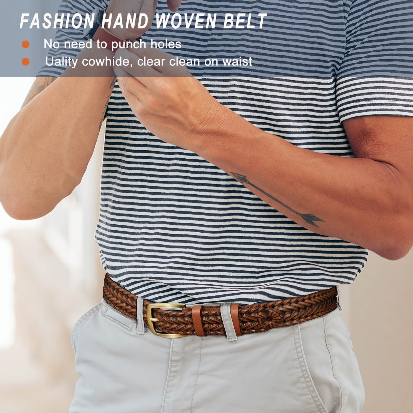 BELTROAD Mens Braided Leather Belt Woven Leather Belts Birthday Christmas Gifts for Men Brown Hand Braided Belt for Wasit 32"-38"