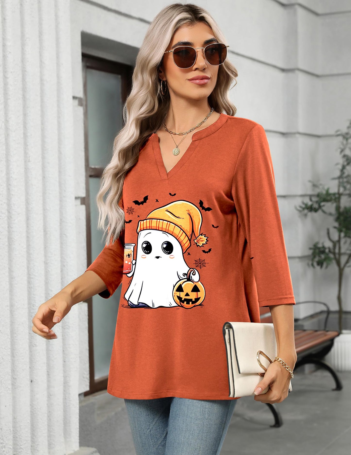 Zeagoo Tunic For Women 3/4 Sleeve Tops Halloween Thanksgiving V Neck Shirts Orange Spooky XXXL