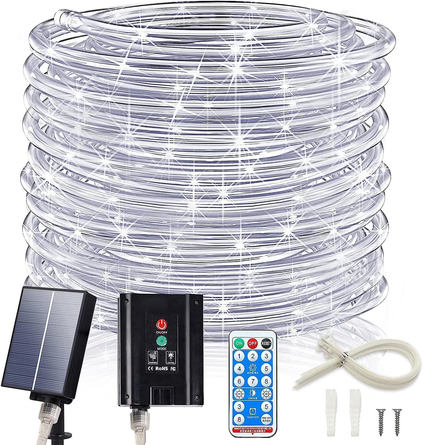 ICRGB Solar Rope Lights, 66FT 200LED 1800mAh Outdoor Waterproof Solar Lights with Remote, IP67 String Light with Timing & 8 Modes for Garden Tree Pathway Yard Pool RV Christmas Decor, White
