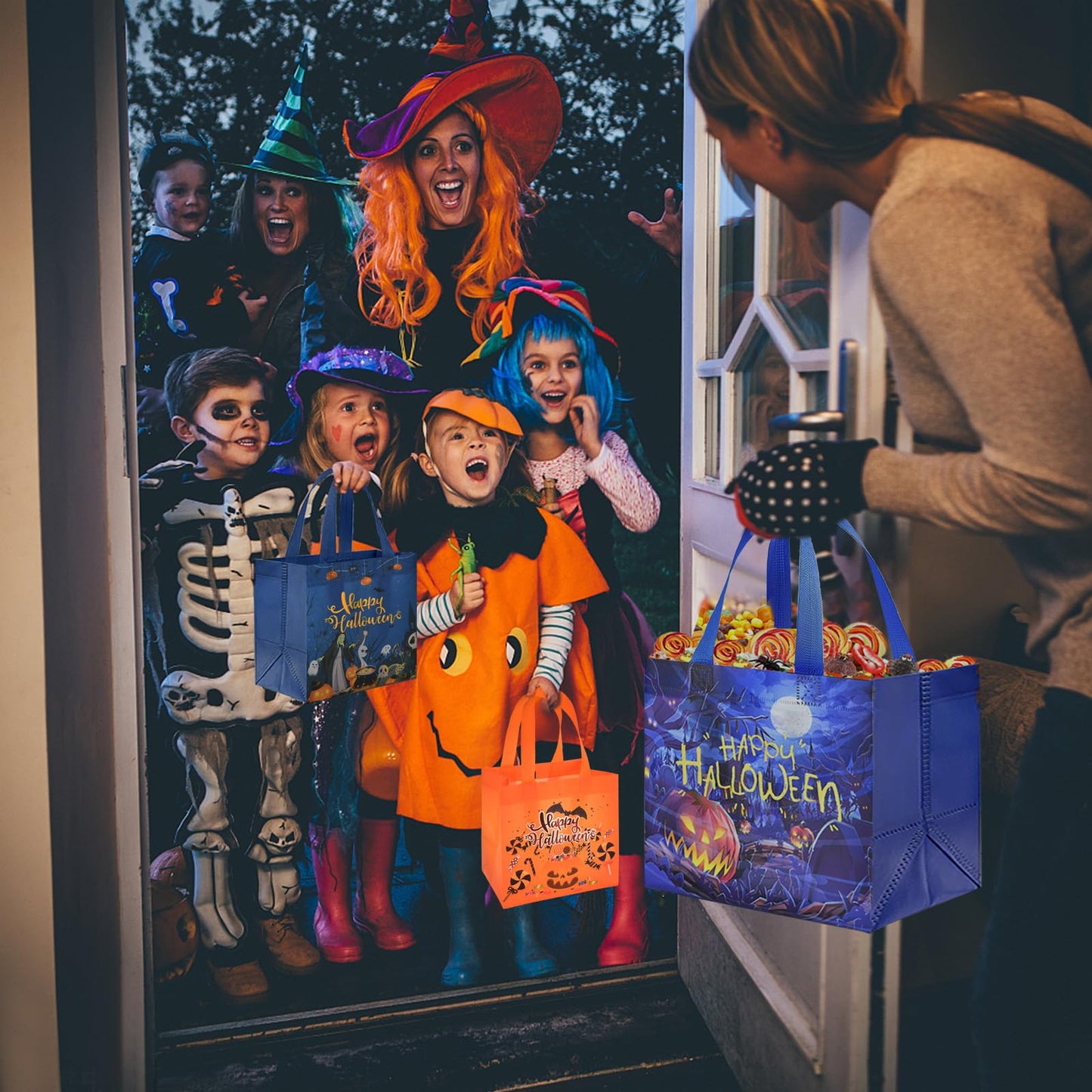 AhfuLife 12 Pcs Halloween Trick or Treat Bags, Candy Tote Bags with Handles, Reusable Non-Woven Gift Bag for Halloween Party Supplies Favors (7.8×7.8×5.9’’)