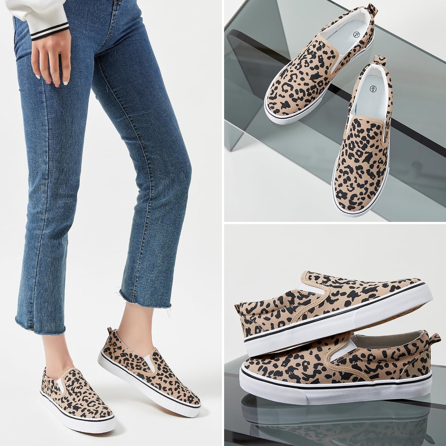 Women's Canvas Slip On Sneakers Fashion Flats Shoes White Canvas Shoes (Leopard, US5.5)