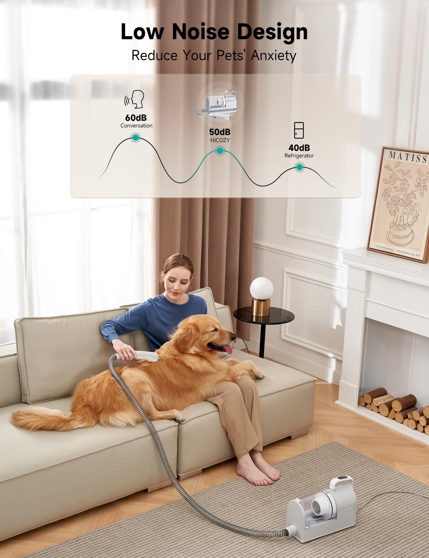 Hicozy S1+ Dog Grooming Vacuum, 12000Pa Minimum 50dB Quiet Dog Vacuum for Shedding Grooming with 2L Dust Cup, 6 Professional Pet Accessories with Clippers, Gray