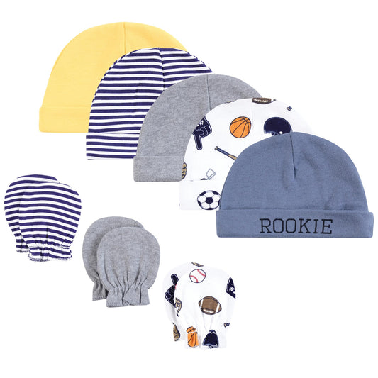 Hudson Baby Infant Boy Cotton Cap and Scratch Mitten Set, Sports Fan, 0-6 Months