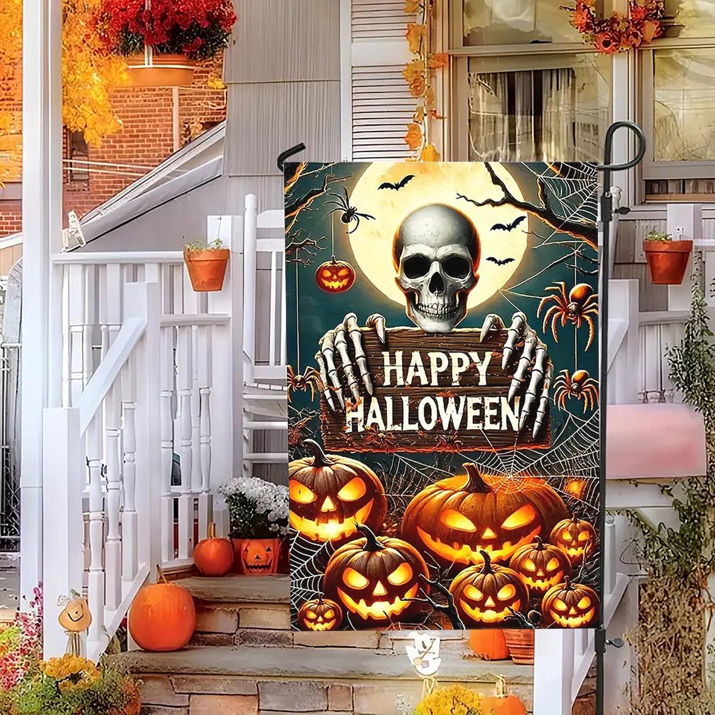abzdfty Halloween Garden Flag 12x18 Inch Double Sided Pumpkin Skeleton Garden Flag Halloween Decorative Yard Flag for Outside, Patio, Porch and Lawn