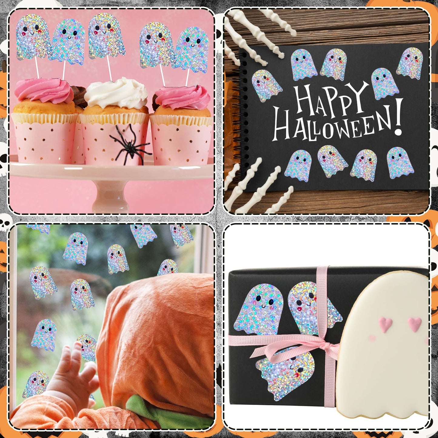 Whaline Halloween Ghost Stickers Roll Laser Cute Cartoon Ghost Seal Stickers Waterproof Self-Adhesive Decals for Envelope Journal Decor Birthday Baby Shower, 500 Pcs