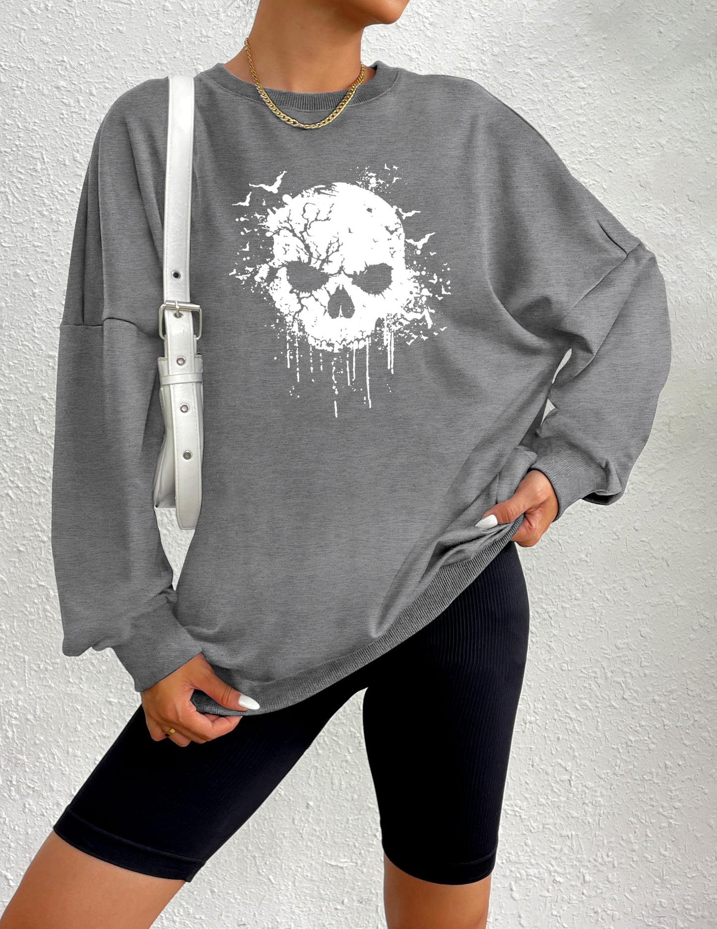 Zeagoo Women's Halloween Pumpkin Face Long Sleeve Sweatshirts Lightweight Casual Pullover Tops Grey Skull XL