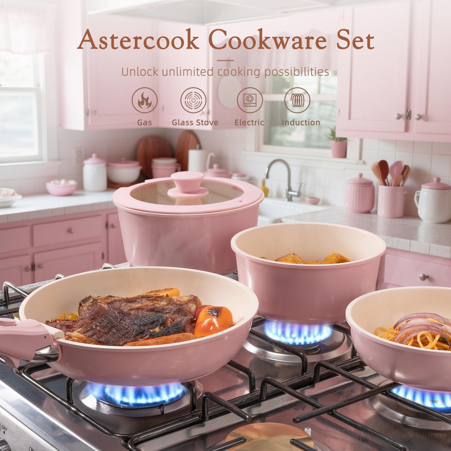 Astercook 21 Pcs Pots and Pans Set Non Stick, Ceramic Cookware Set Detachable Handle, RV Kitchen Cooking Set Removable Handles, Oven Safe, Induction Ready, Stackable Non-stick Set, Pink