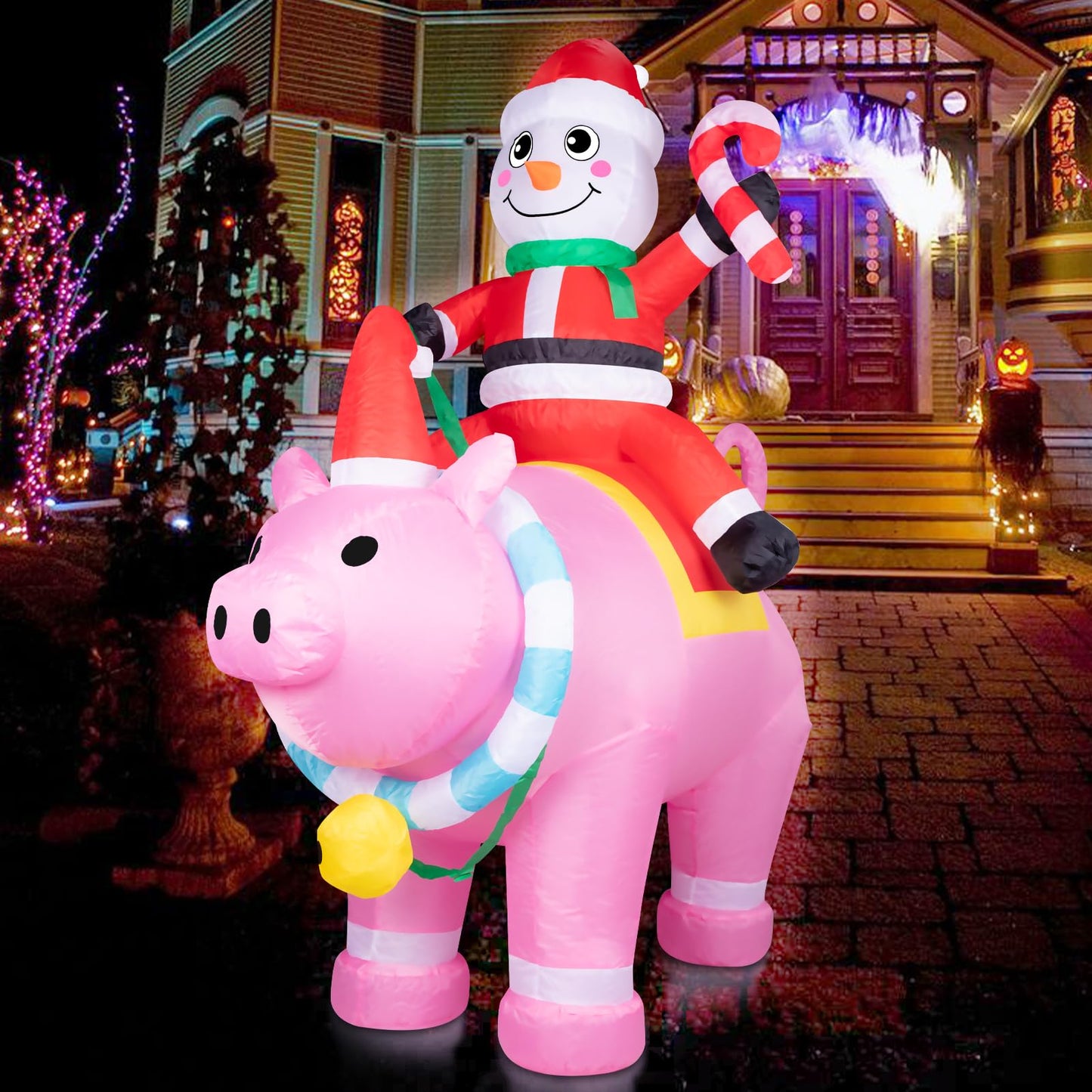 7FT Halloween Inflatables Cute Inflatable Halloween Inflatable Santa with Pink Pig Halloween Decorations Outdoor Halloween Blow Up for Yard, Outside, Built-in LED Lights with Tether