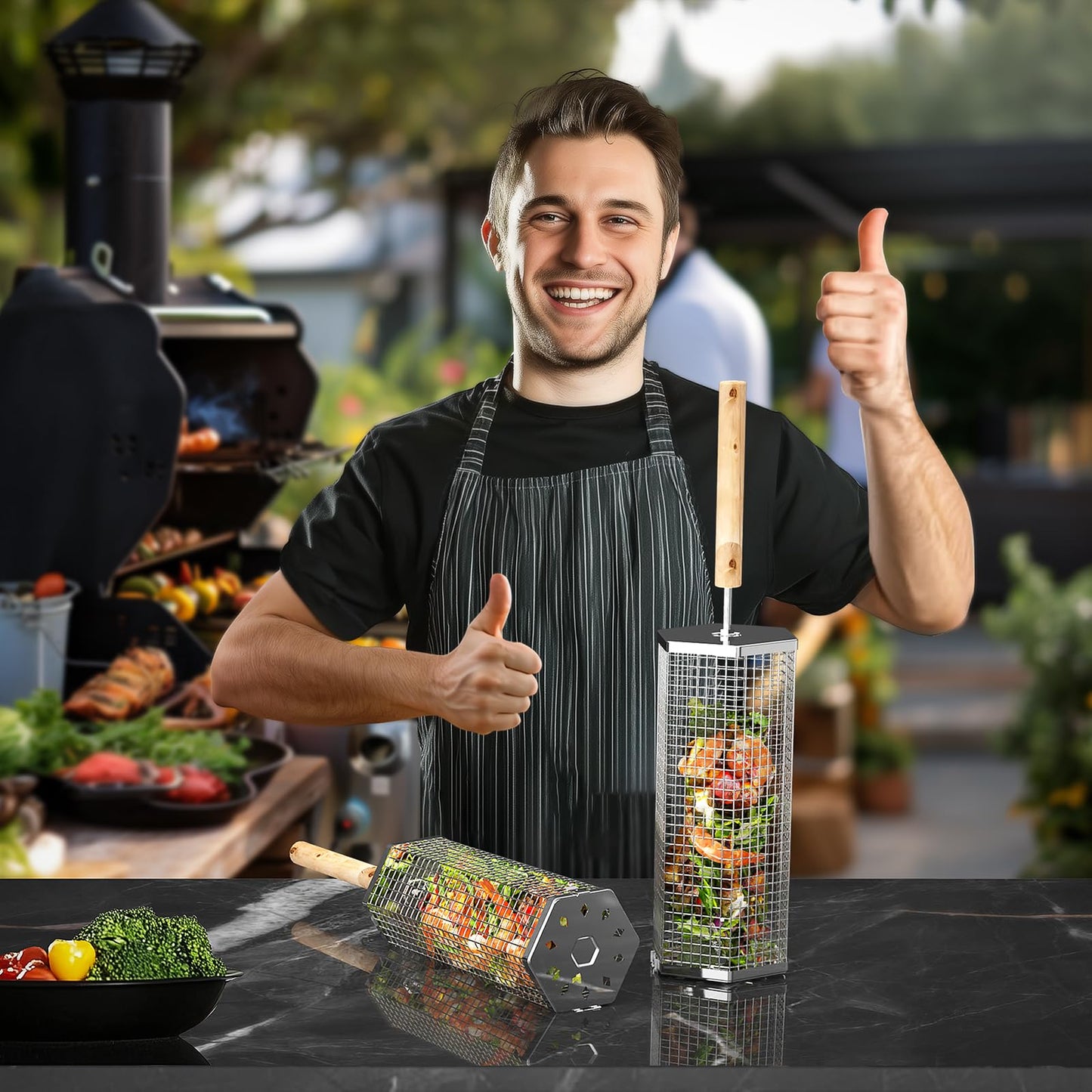 ivtivfu Rolling Grill Baskets (Hexagon), Removable Wooden Handle, 304 Stainless Steel, Nesting BBQ Accessories Tools for Vegetables Shrimp, Outdoor Cooking Camping, Birthday Gifts for Men Dad Husband