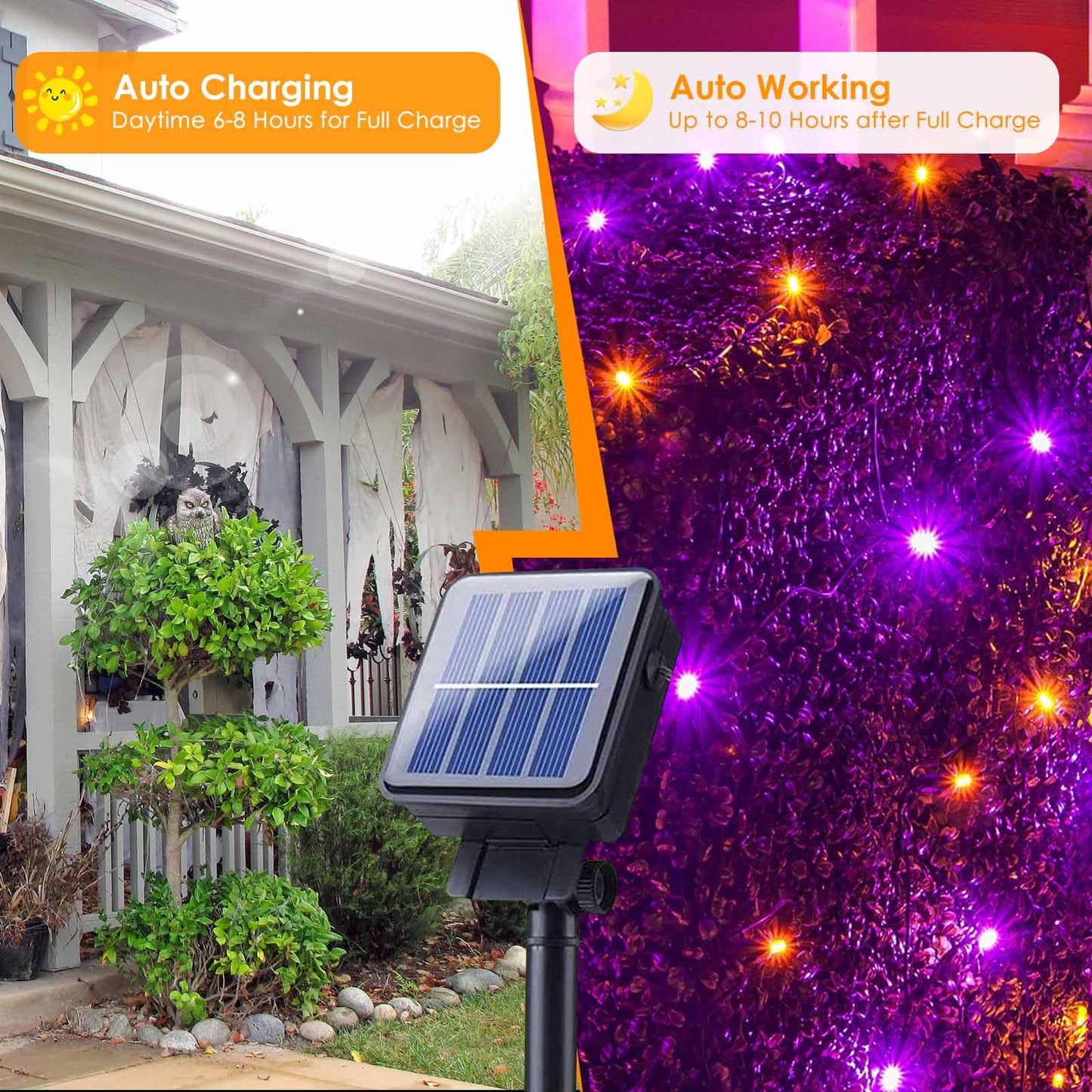 4pk Orange and Purple Solar Halloween Lights Outdoor Waterproof, 400LED 132FT Solar Powered LED String Lights Black Wire with 8 Modes, Solar Fairy Lights for Halloween Horror Party Tree Wedding Decor