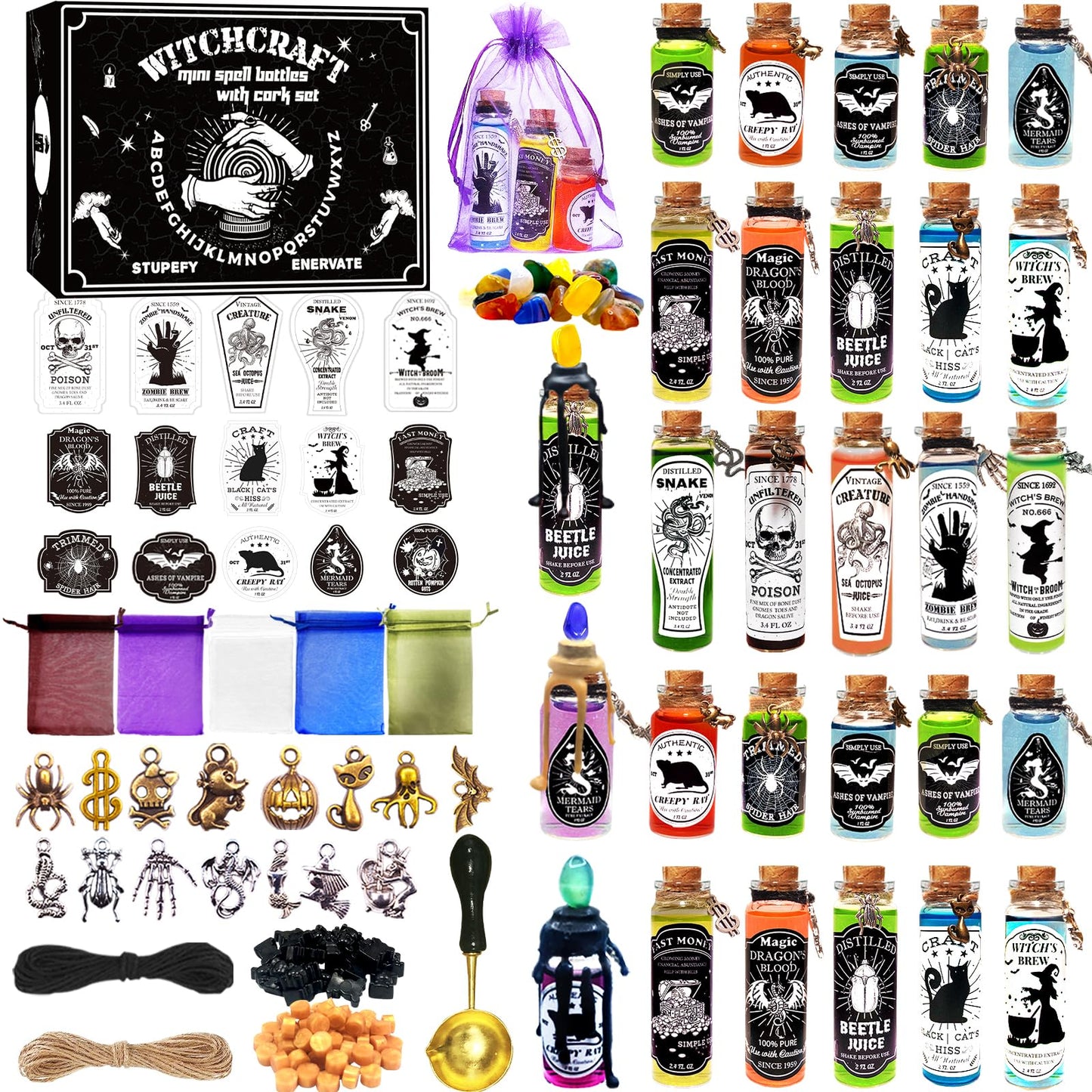 Ainswei Halloween Decorations Indoor,135Pcs Potion Bottles Halloween Decor,Witch Halloween Decorations with Stone,Apothecary Witch Lables Decoration For Home Room Party Supplies