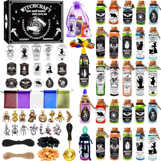 Ainswei Halloween Decorations Indoor,135Pcs Potion Bottles Halloween Decor,Witch Halloween Decorations with Stone,Apothecary Witch Lables Decoration For Home Room Party Supplies