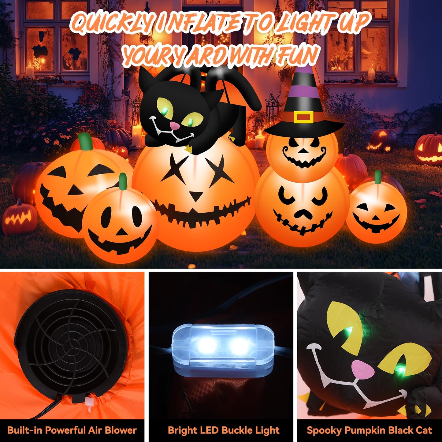 5.8 FT Long Halloween Inflatables Pumpkin Outdoor Decorations Blow Up Inflatables Pumpkin Patch with Black Cat & Witch Hat Build-in LEDs Outdoor Blow Up Yard Decorations for Holiday Party Lawn Garden