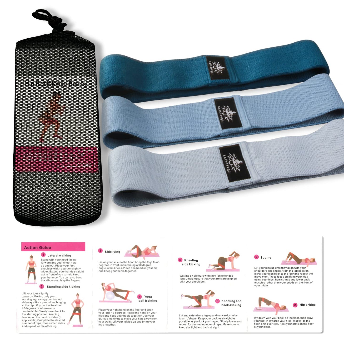 Hatha Yoga Large Resistance Band,14.5" x3.15",Fabric Exercise Loop Bands with Instruction Guide and Carry Bag, Set of 3.