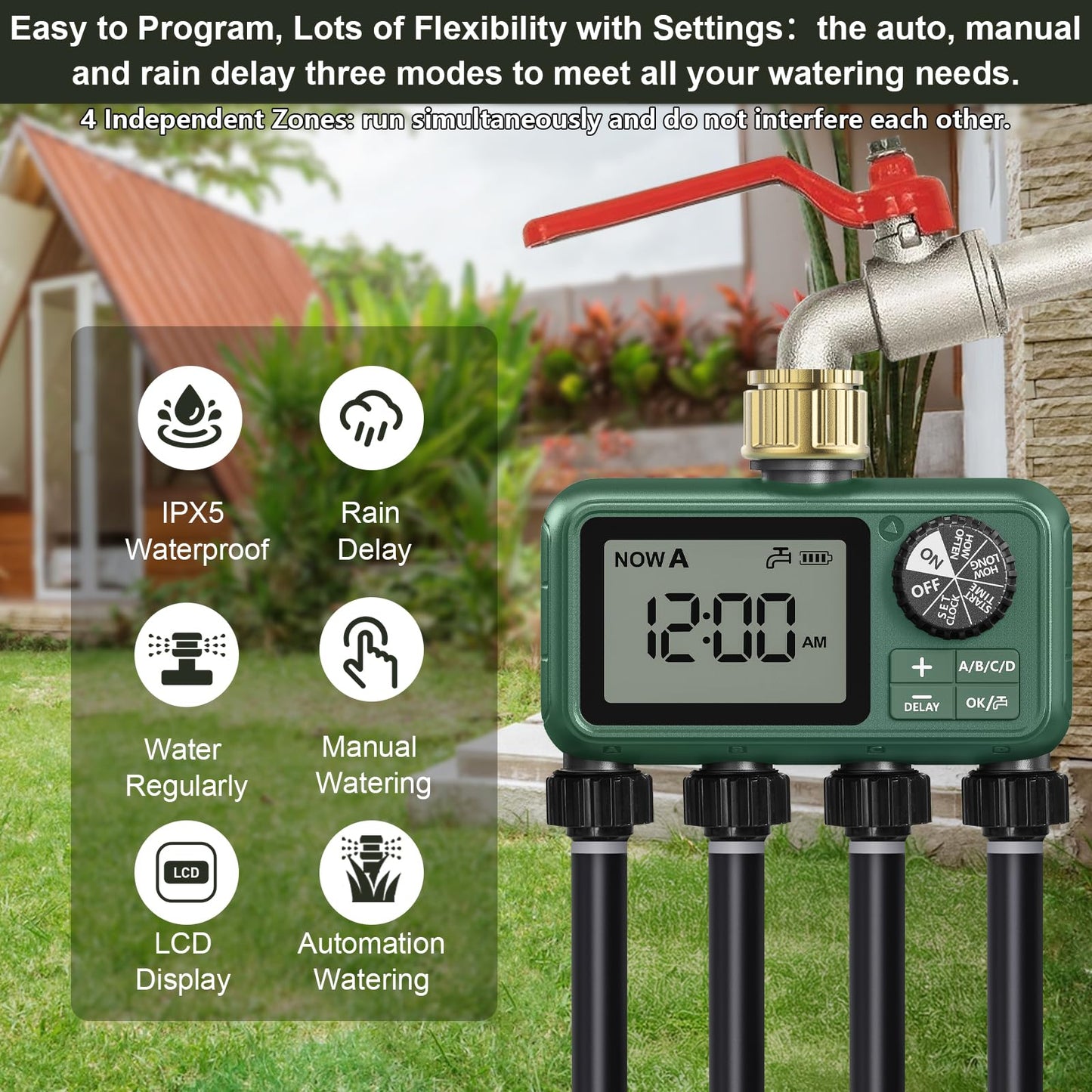 4 Outlet Sprinkler Timer Brass, Programmable Garden Hose Timer with Rain Delay, Manual& Automatic Watering System, Waterproof Gardening Supplies Irrigation Controller for 4 Separate Water Zones