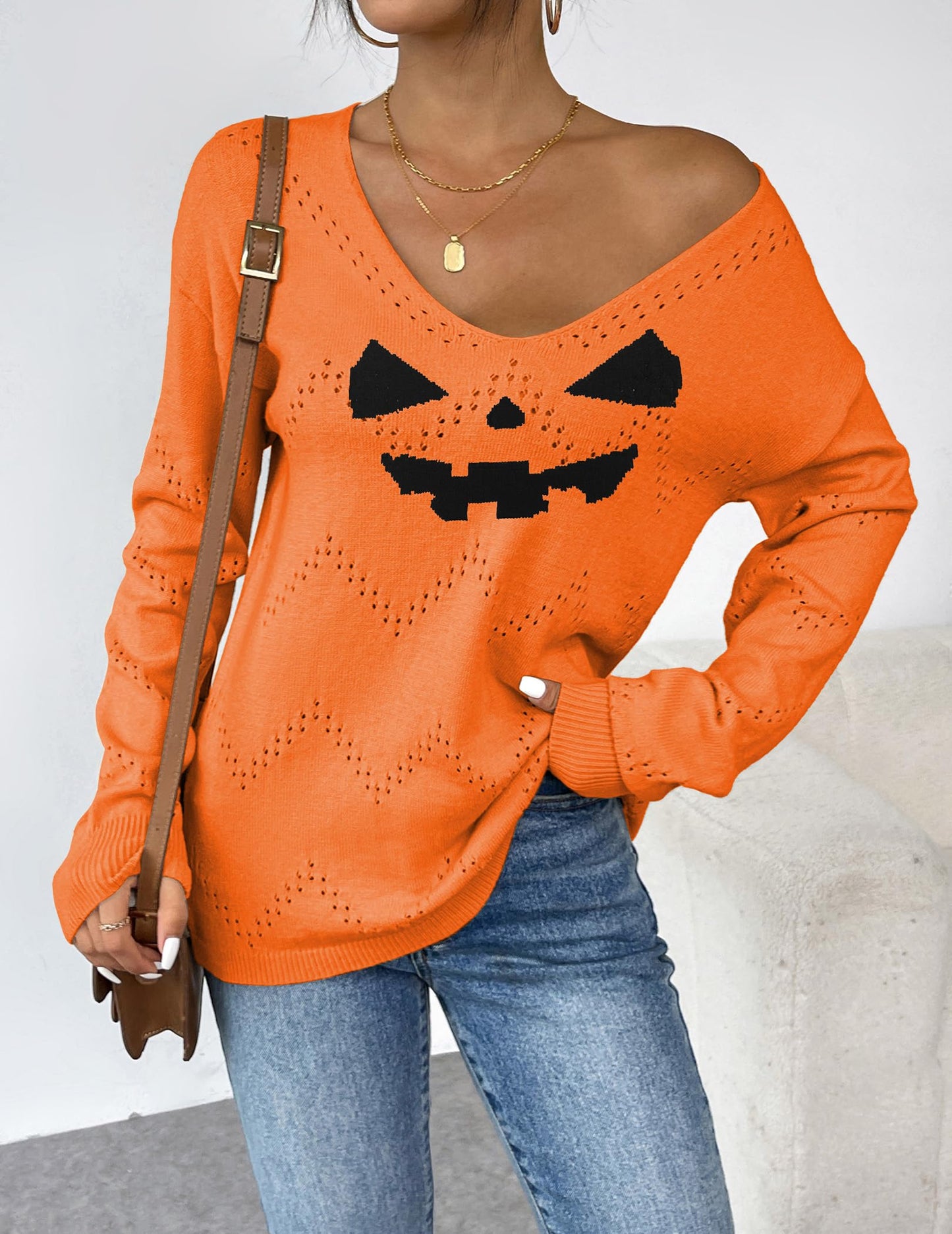 Zeagoo Halloween Sweaters for Women Crochet V Neck Long Sleeve Tops Soft Thin Lightweight Pullover Sweater Tops XL