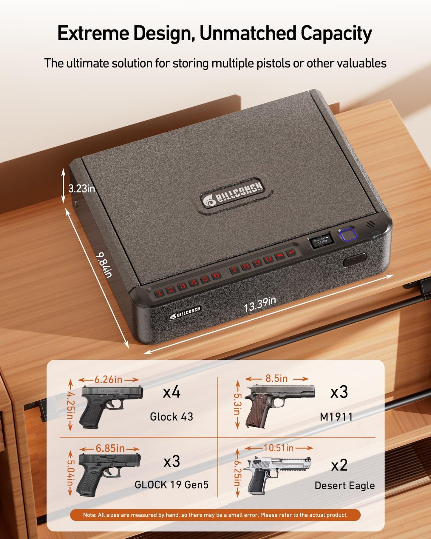 BILLCONCH Smart Gun Safe with Security Cable - Biometric Pistol Safe for Handgun 4 Ways Quick Access with Fingerprint/Keypad/Key/APP Lock, for Nightstand Bedside Home Car with LCD and Voice Guide