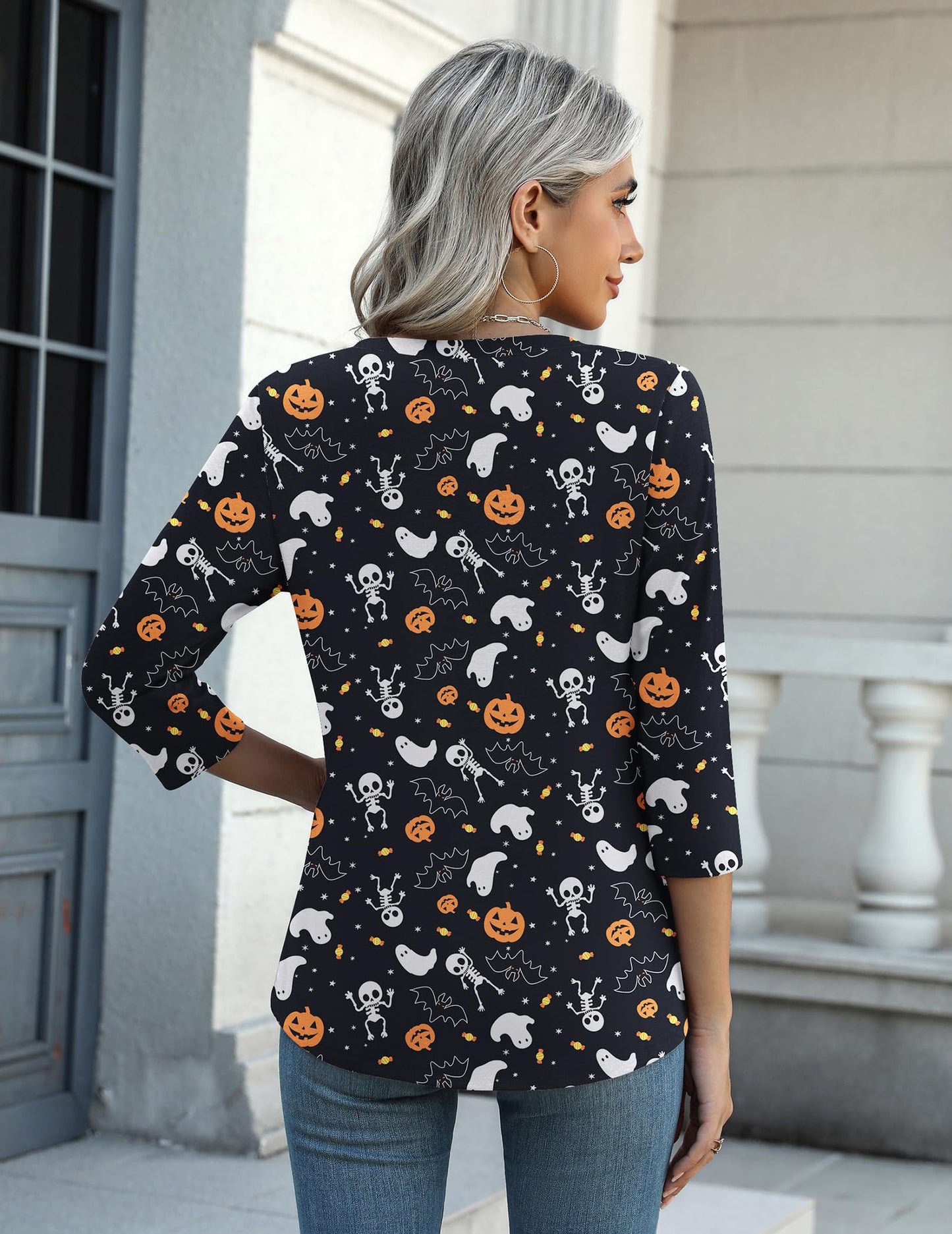 Zeagoo Halloween Pumpkin Shirts Women Fall T-Shirts Cute Autumn Graphic Tees Thanksgiving Tops Halloween Shirts 3/4 Sleeve V-Neck T Shirt