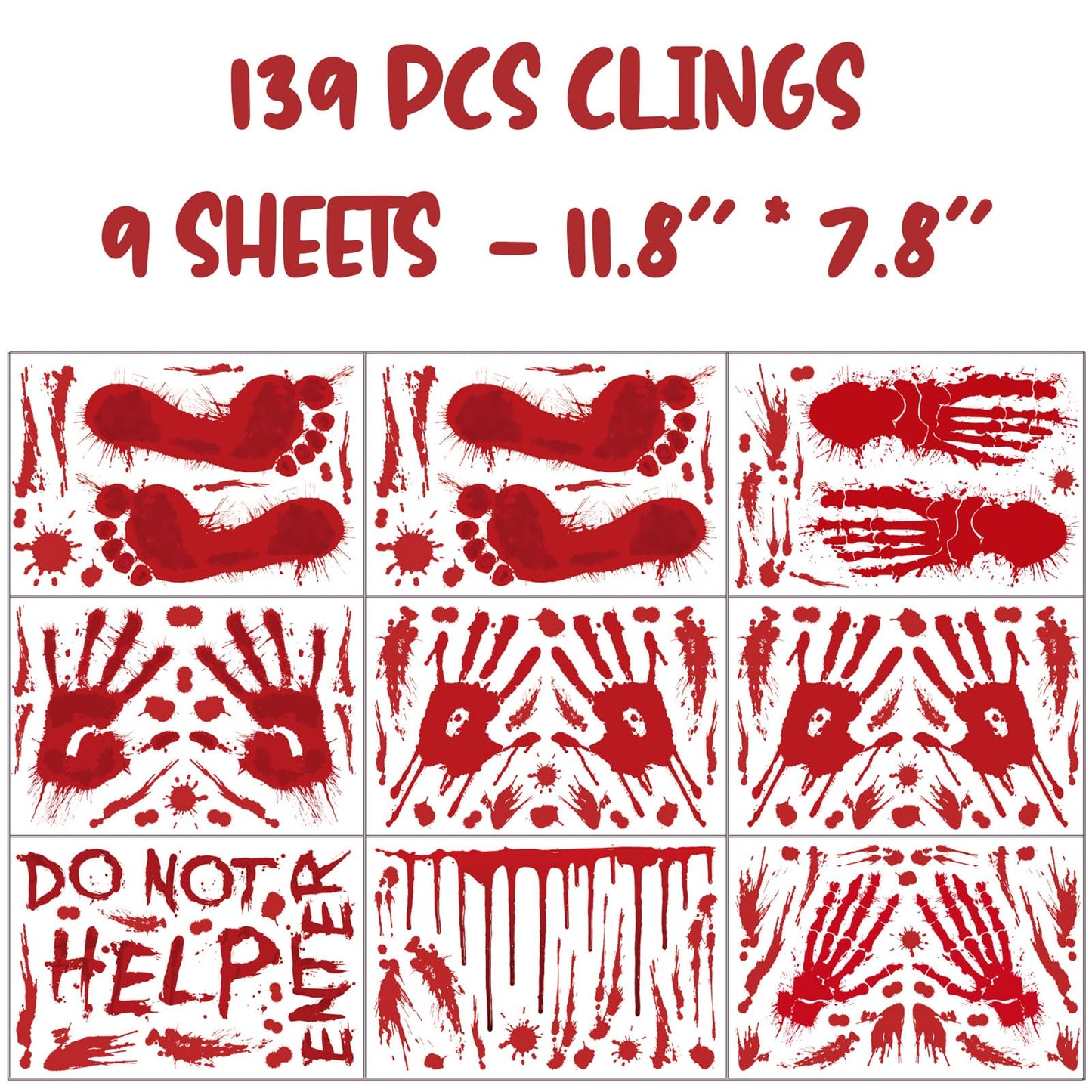 AREOK 139 Pcs Bloody Handprint Footprints Stickers - Halloween Bloody Window Clings Decals Decor Hand Prints - Spooky Scary Blood Halloween Window Decorations for Party Car Floor Mirror Door Bathroom