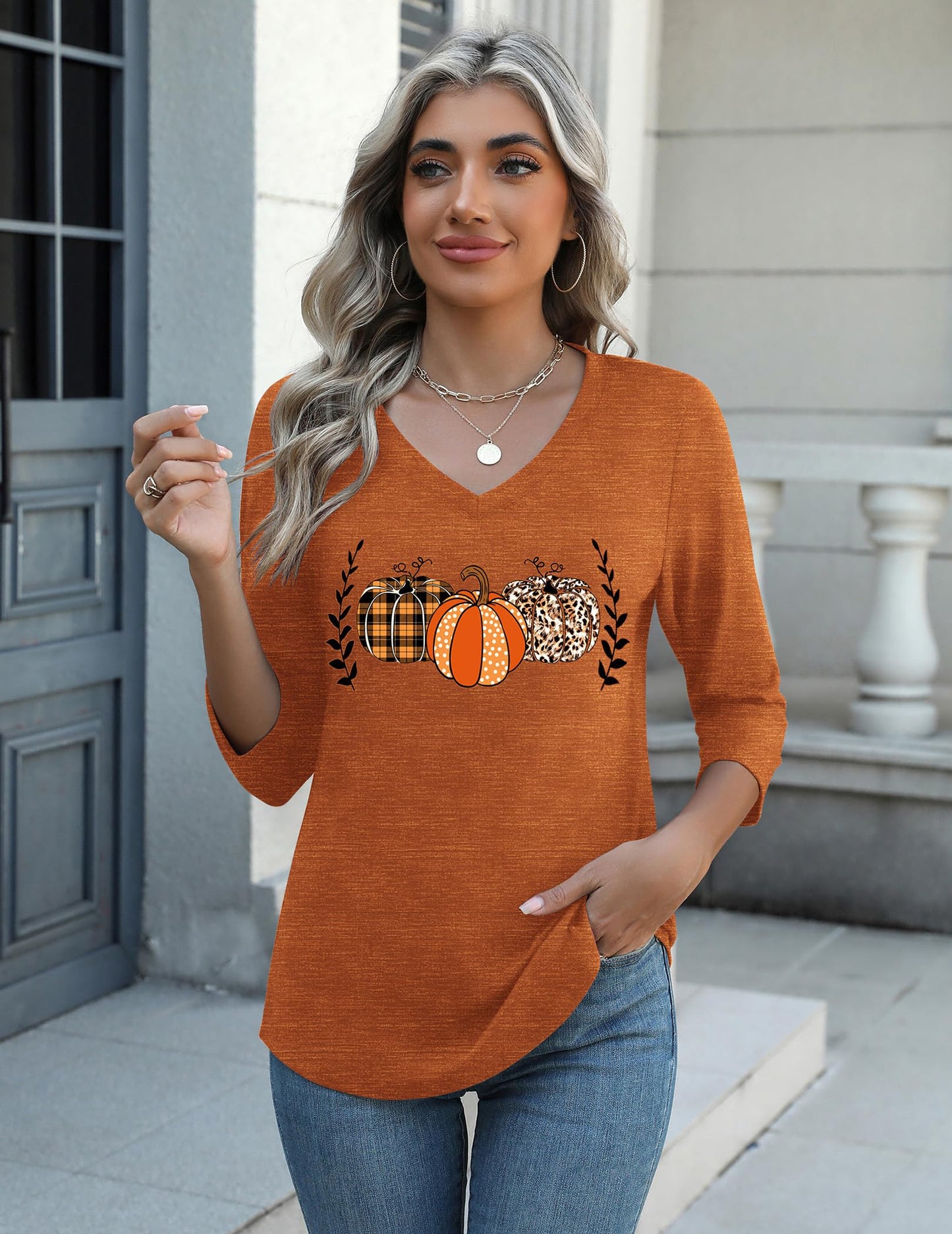 Zeagoo Halloween Pumpkin Shirts Women Fall T-Shirts Cute Autumn Graphic Tees Thanksgiving Tops Halloween Shirts 3/4 Sleeve V-Neck T Shirt