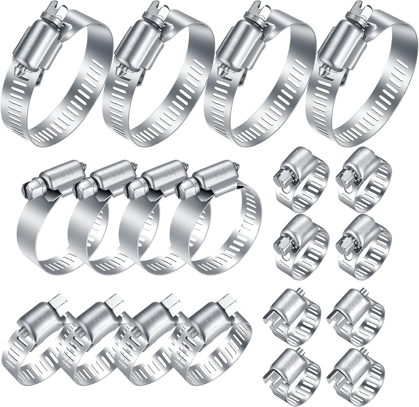 20Pcs Adjustable Stainless Steel Hose Clamps Assortment Kit, 1/4-2 in (6-51mm) Worm Gear Pipe, Fuel LineHeavy Duty for Plumbing, Washing Machine, Mechanical,Garden and Automotive Hose Connections