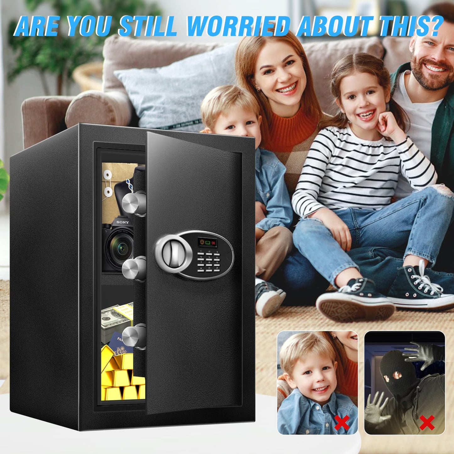 2.5 Cu Ft Large Safe Box with Fireproof Waterproof for Documents - Steel Security Personal Fire Safe with Digital Keypad, Emergency Battery Box & Combination Lock, Safety Box for Valuables Money Cash