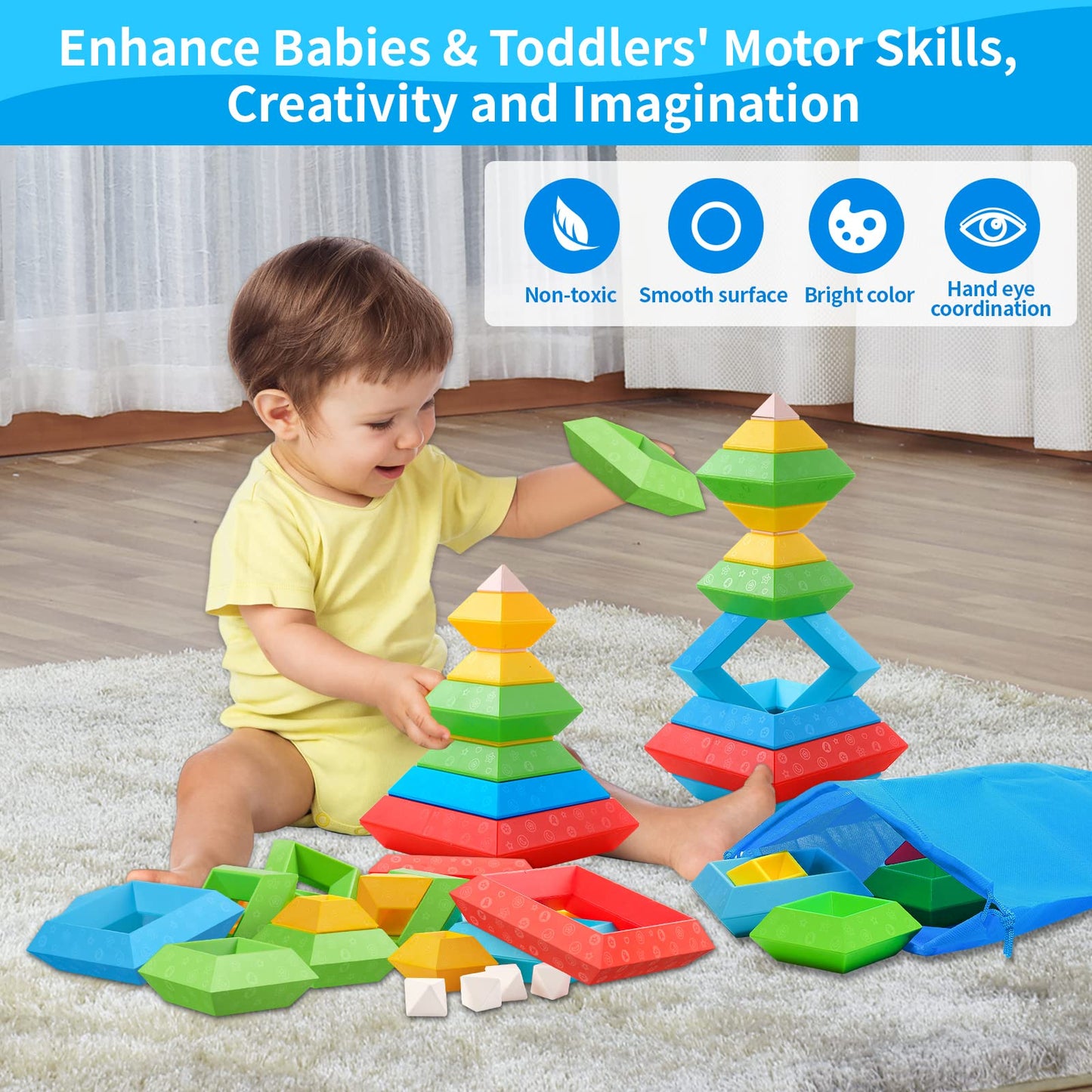 Hieoby Montessori Toys for 1 2 3 4 Year Old Boys Girls Toddlers Preschool Learning Activities 30Pcs Building Blocks Stacking Educational Toys STEM Sensory Gifts for Kids Age 1-2 2-4
