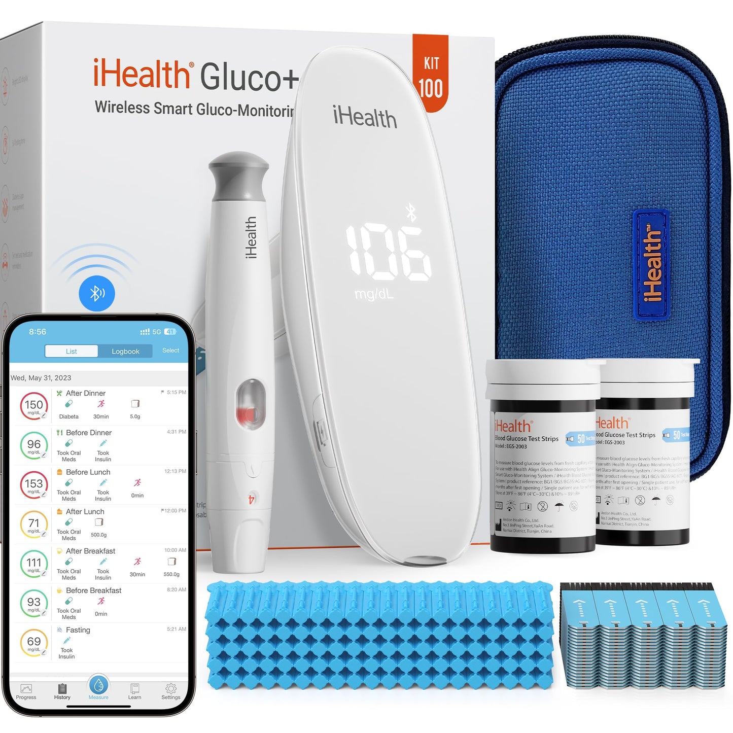iHealth Gluco+ Wireless Smart Blood Glucose Monitor Kit with Free App, 100 Glucometer Strips, 100 Lancets, 1 Blood Sugar Monitor, 1 Lancing Device, Portable Diabetes Testing Kit for Home Use