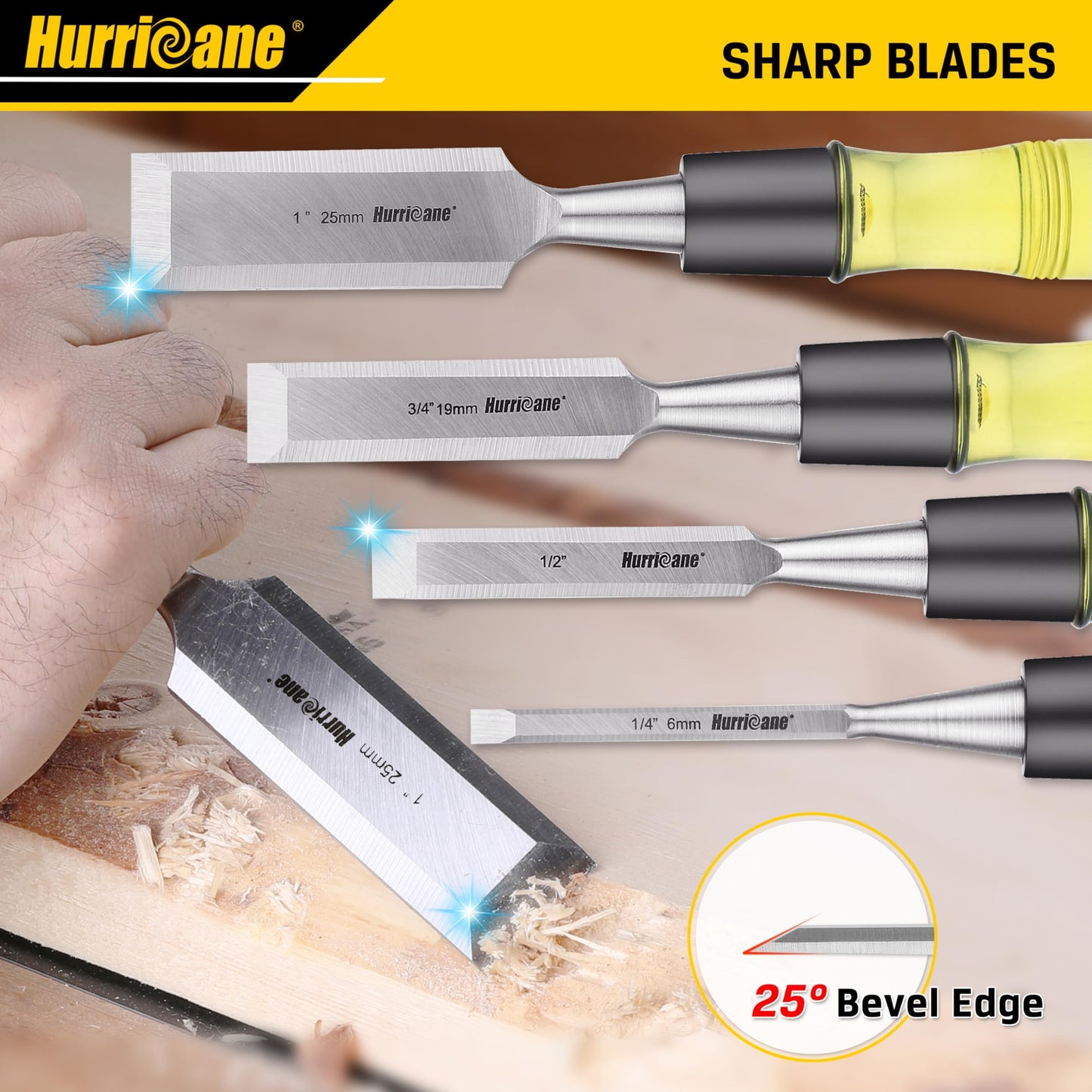 HURRICANE 4 Piece Wood Chisel Set for Woodworking. CR-V Steel Beveled Edge Blades with Safety Caps. Durable PVC High Impact Handle, for Precision Carving & DIY Projects (1/4", 1/2", 3/4", 1")