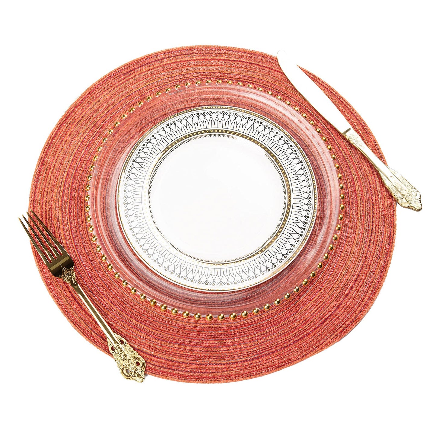 AHHFSMEI Round Braided Placemats Set of 6 Round Table Mats for Dining Tables Natural Woven Heat Resistant Place mats 15 Inch (Dark Orange)