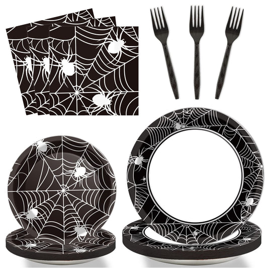 96 Pcs Halloween Party Paper Plates Napkins Supplies Set Spider Web Disposable Tableware Decorations Get Together Celebration Halloween Birthday Party Favors for 24 Guests