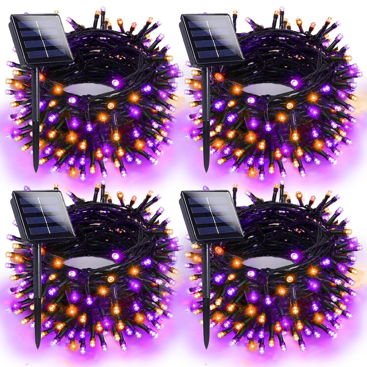 4pk Orange and Purple Solar Halloween Lights Outdoor Waterproof, 400LED 132FT Solar Powered LED String Lights Black Wire with 8 Modes, Solar Fairy Lights for Halloween Horror Party Tree Wedding Decor