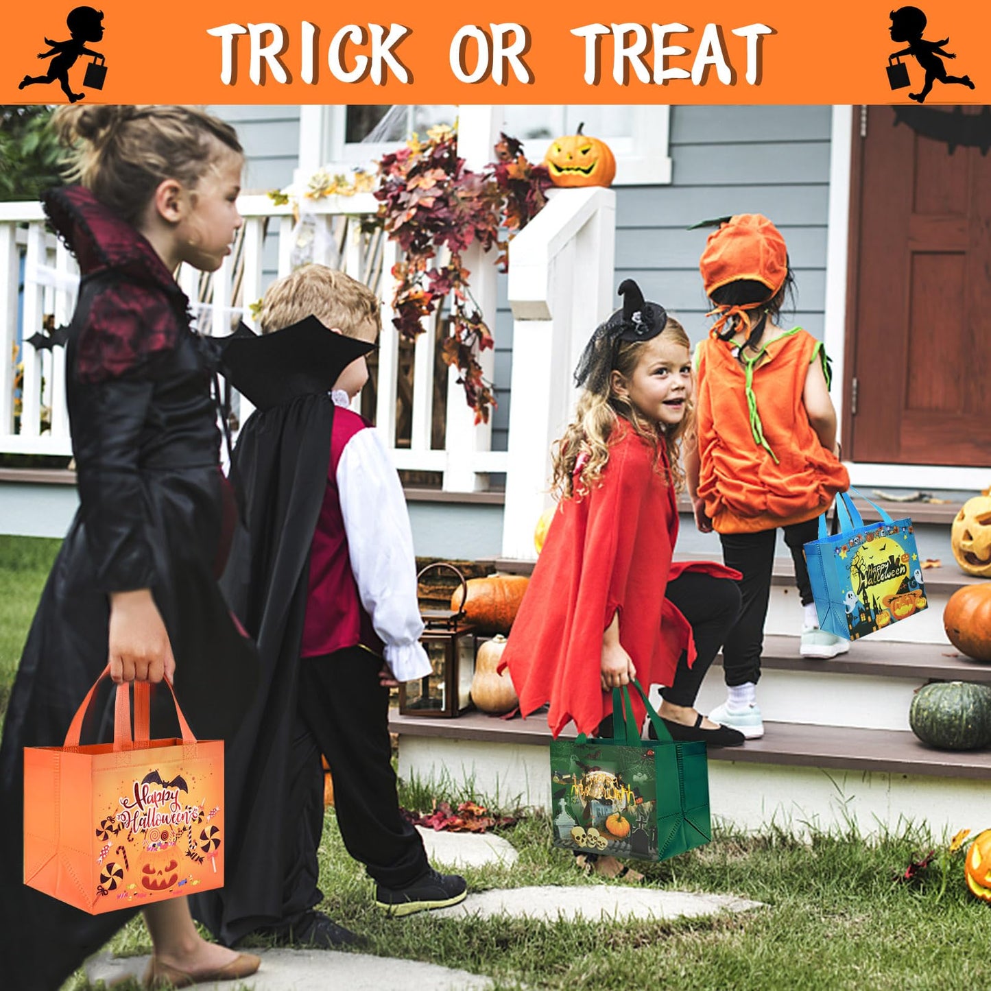 AhfuLife 12 Pcs Halloween Trick or Treat Bags, Candy Tote Bags with Handles, Reusable Non-Woven Gift Bag for Halloween Party Supplies Favors (7.8×7.8×5.9’’)