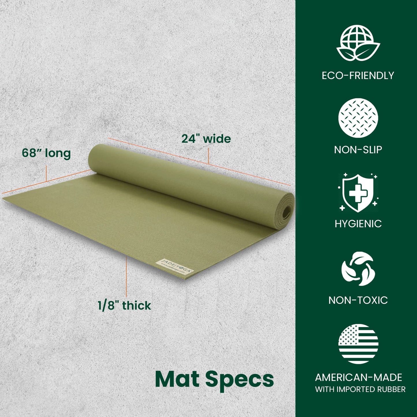 JadeYoga Travel Yoga Mat - Packable, Lightweight, & Portable Yoga Mat - Non-Slip Natural Rubber Mat for Women & Men - Great for Yoga, Home, Gym, Pilates, Fitness & Stretching (Olive Green, 68" x 24")