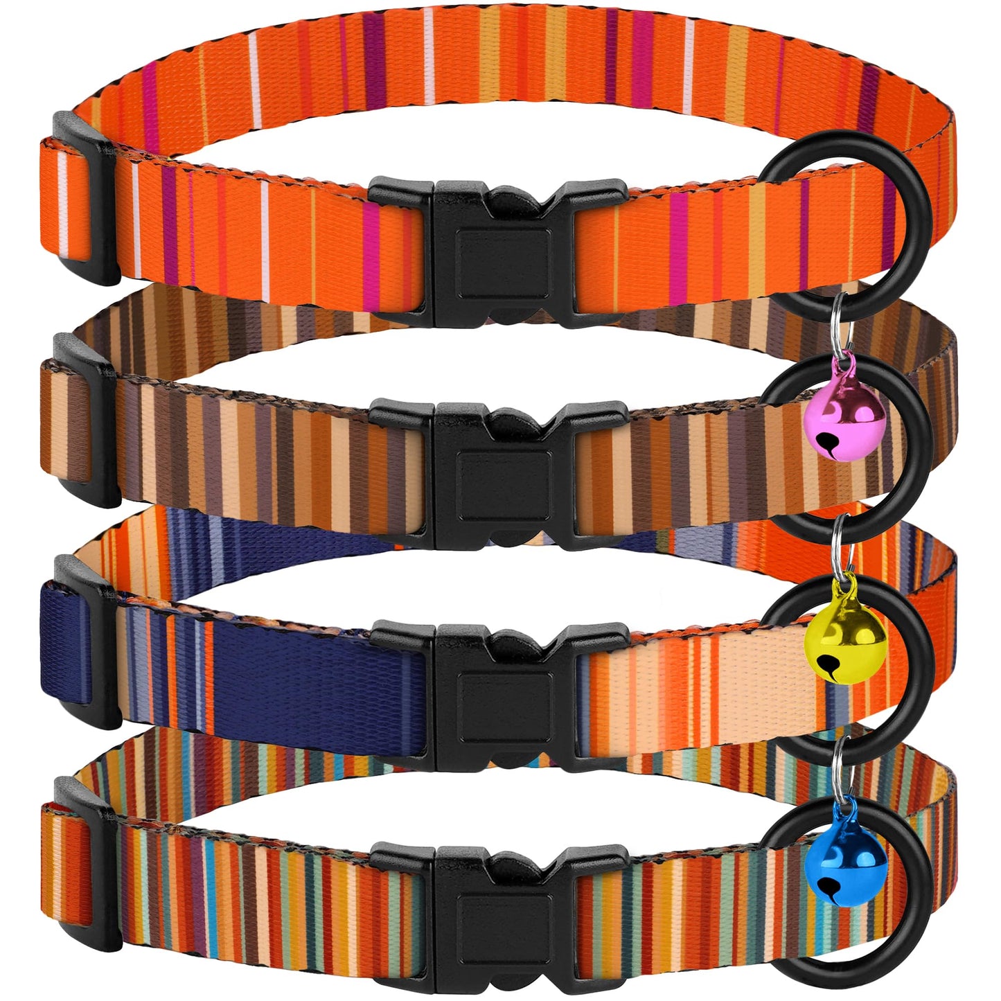 4PCS Breakaway Cat Collars with Bell, Cute Kitty Adjustable Safe Kitten Collars, 4-Pack, Nylon Pet Collars Tribal Striped Aztec Print (Striped)